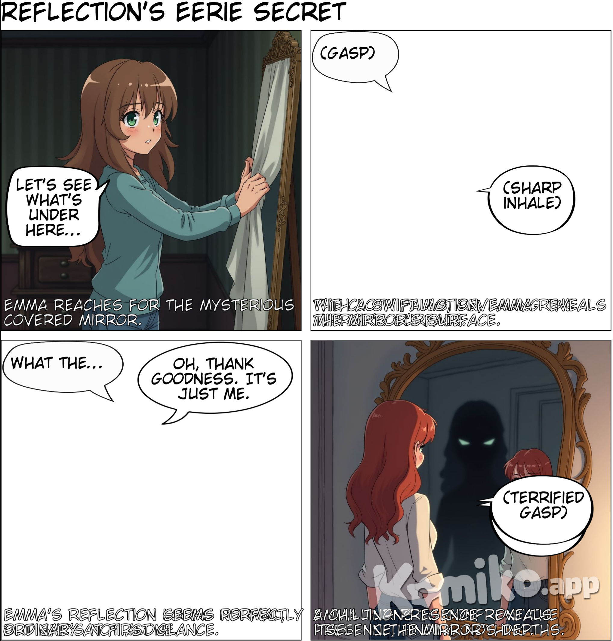 Emma pulls the cloth off the mirror. Her reflection looks normal, but behind her, there’s a shadowy figure.