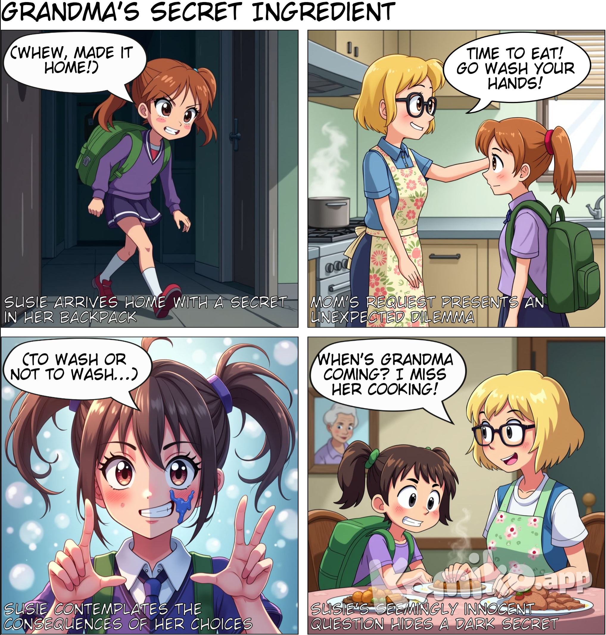 This is a girl who is coming home from school and has it in her backpack. Her mother tells her that it is time to eat and to go wash her hands. The girl. Not very happy. Is she going to go to the bathroom? And. She thinks twice about whether or not she is going to wash her hands. She sees herself in the dining room. The food is served on the table and they are getting ready to eat. The girl asks about her grandmother. Mom, when is my grandmother coming? And her mother answers. Oh, tomorrow she is coming. he will cook you your favorite dish