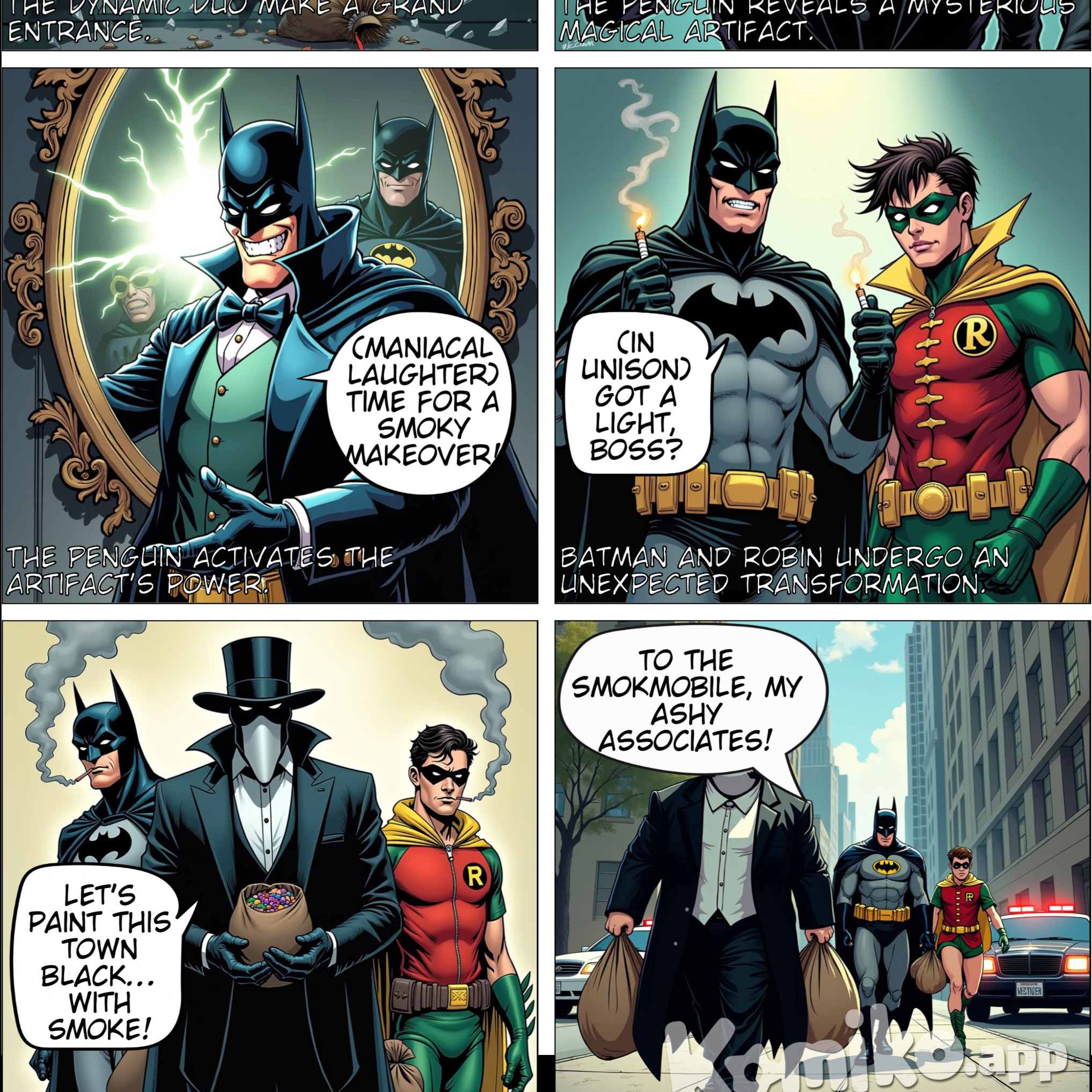 Batman & Robin investigate a robbery at a museum at night, only to discover it’s The Penguin.  The Penguin reveals amongst his stolen items is an enchanted artefact which can transform others in the image of the beholder.  Batman & Robin close in, cornering The Penguin, but the villain uses the artefact to transform the superheroes into evil smokers.  Following transformation, he orders the duo to help him steal the rest of the exhibits.