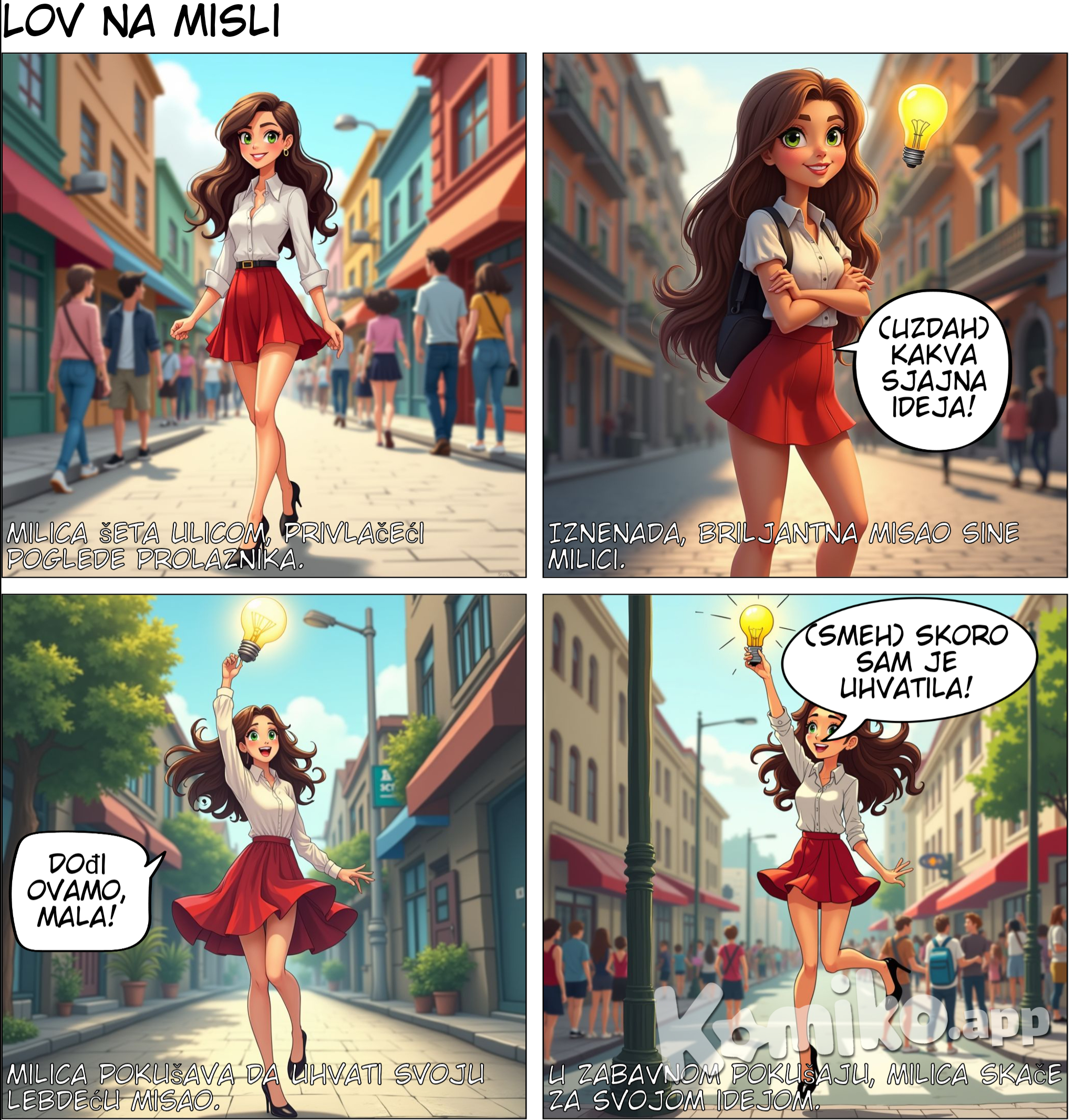 Lepa devojka u kratkoj suknji hoda ulicom. Pruža se kako bi dohvatila sopstvenu misao.