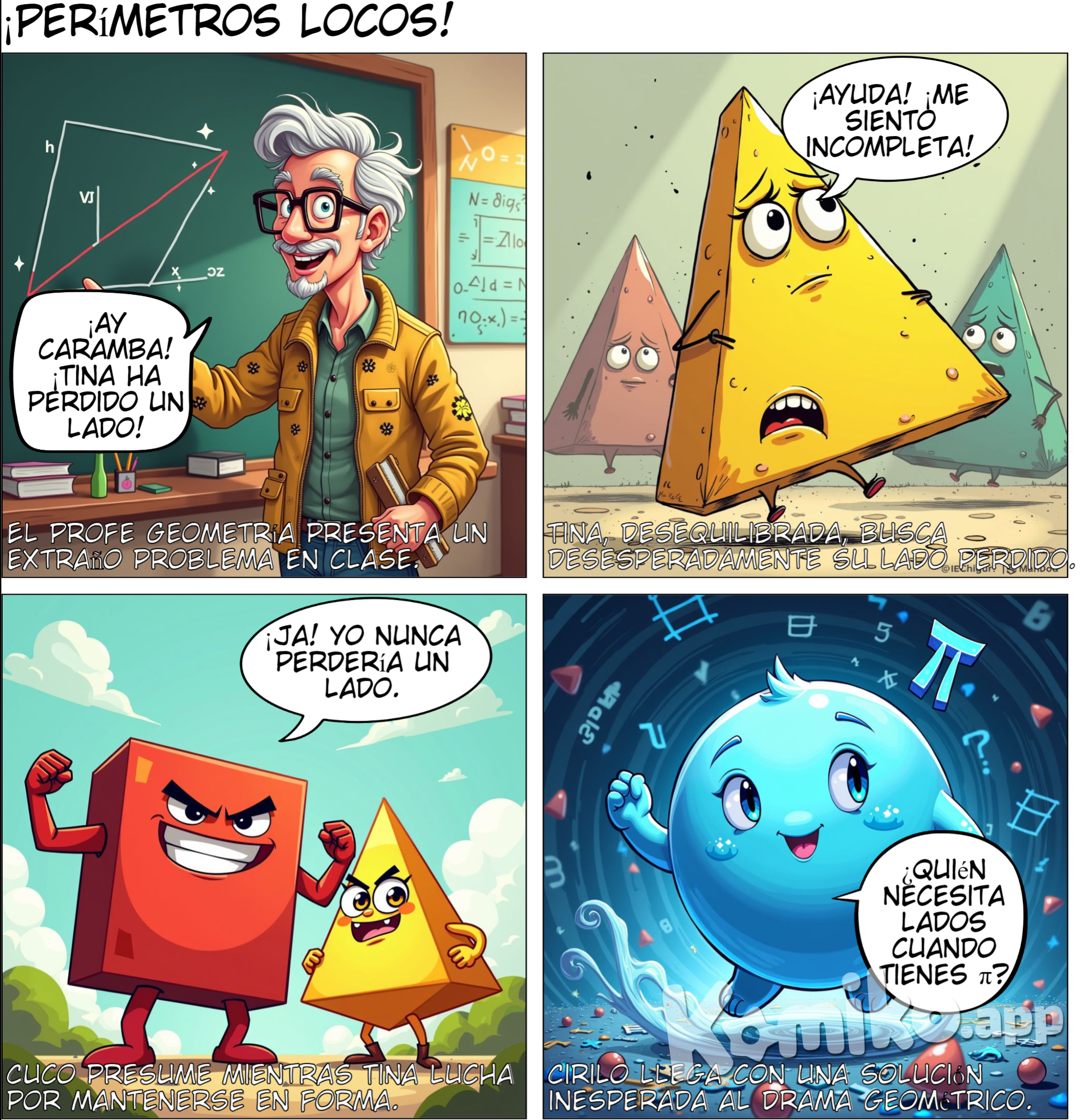 Personajes: Profe Geometría (El Mentor): Apariencia: Un adulto amigable con gafas cuadradas y una chaqueta que tiene patrones de diferentes figuras geométricas. Siempre lleva una regla y un compás. Personalidad: Sabio, pero con un sentido del humor que lo hace accesible. Le encanta poner a prueba a los estudiantes con acertijos matemáticos. Rol: Es quien guía a los personajes a través de las aventuras, enseñando las fórmulas y trucos para calcular el perímetro. Triángulo Tina: Apariencia: Un triángulo equilátero animado que puede cambiar de tamaño y ángulos según la situación. Personalidad: Rápida y ágil, siempre busca resolver problemas de la manera más eficiente. Le encanta encontrar formas de cortar caminos. Rol: Explica cómo calcular el perímetro de triángulos de diferentes tipos. Cuadrado Cuco: Apariencia: Un cuadrado robusto, con cara de confianza y cuatro lados perfectos. Personalidad: Siempre recto y preciso, pero a veces un poco presumido por ser "perfecto". Rol: Es el personaje que explica cómo calcular el perímetro de cuadrados y rectángulos. Círculo Cirilo: Apariencia: Un círculo azul brillante, muy fluido en sus movimientos. Personalidad: Tranquilo y calmado, pero le gusta sorprender a los demás con su enfoque diferente para calcular perímetros (circunferencia en su caso). Rol: Ayuda a entender el concepto del perímetro de círculos, presentando la fórmula de la circunferencia (2πr). Hexágono Hela: Apariencia: Un hexágono dorado con seis brazos, siempre moviéndose y girando. Personalidad: Curiosa y energética. Siempre encuentra conexiones entre las figuras y las situaciones del mundo real. Rol: Enseña cómo calcular perímetros en polígonos regulares más complejos. Capítulos: Capítulo 1: El misterio del triángulo perdido Resumen: Tina, la triángulo, ha perdido uno de sus lados, y Profe Geometría reta a los estudiantes a encontrarlo calculando el perímetro de diferentes triángulos isósceles, equiláteros y escalenos. Aprenden a sumar los lados para obtener el perímetro. Capítulo 2: La carrera de los rectángulos Resumen: Cuadrado Cuco desafía a Tina en una carrera para ver quién puede encontrar más rápido el perímetro de diferentes figuras. Los estudiantes aprenden a calcular el perímetro de cuadrados y rectángulos, usando la fórmula P = 2(largo + ancho). Capítulo 3: El desafío circular Resumen: Cirilo, el círculo, organiza un desafío donde presenta su fórmula especial para calcular su perímetro (circunferencia). Los estudiantes descubren la importancia de π (pi) y aprenden la fórmula 2πr. Capítulo 4: El enigma del polígono Resumen: Hexágono Hela presenta un enigma donde los estudiantes deben encontrar el perímetro de polígonos regulares como hexágonos y pentágonos. Explica cómo multiplicar el número de lados por la longitud de un lado para obtener el perímetro. Capítulo 5: La aventura final Resumen: Todos los personajes se unen para resolver un problema complejo que involucra varias figuras conectadas entre sí. Los estudiantes deben sumar los perímetros de diferentes figuras para resolver el misterio.