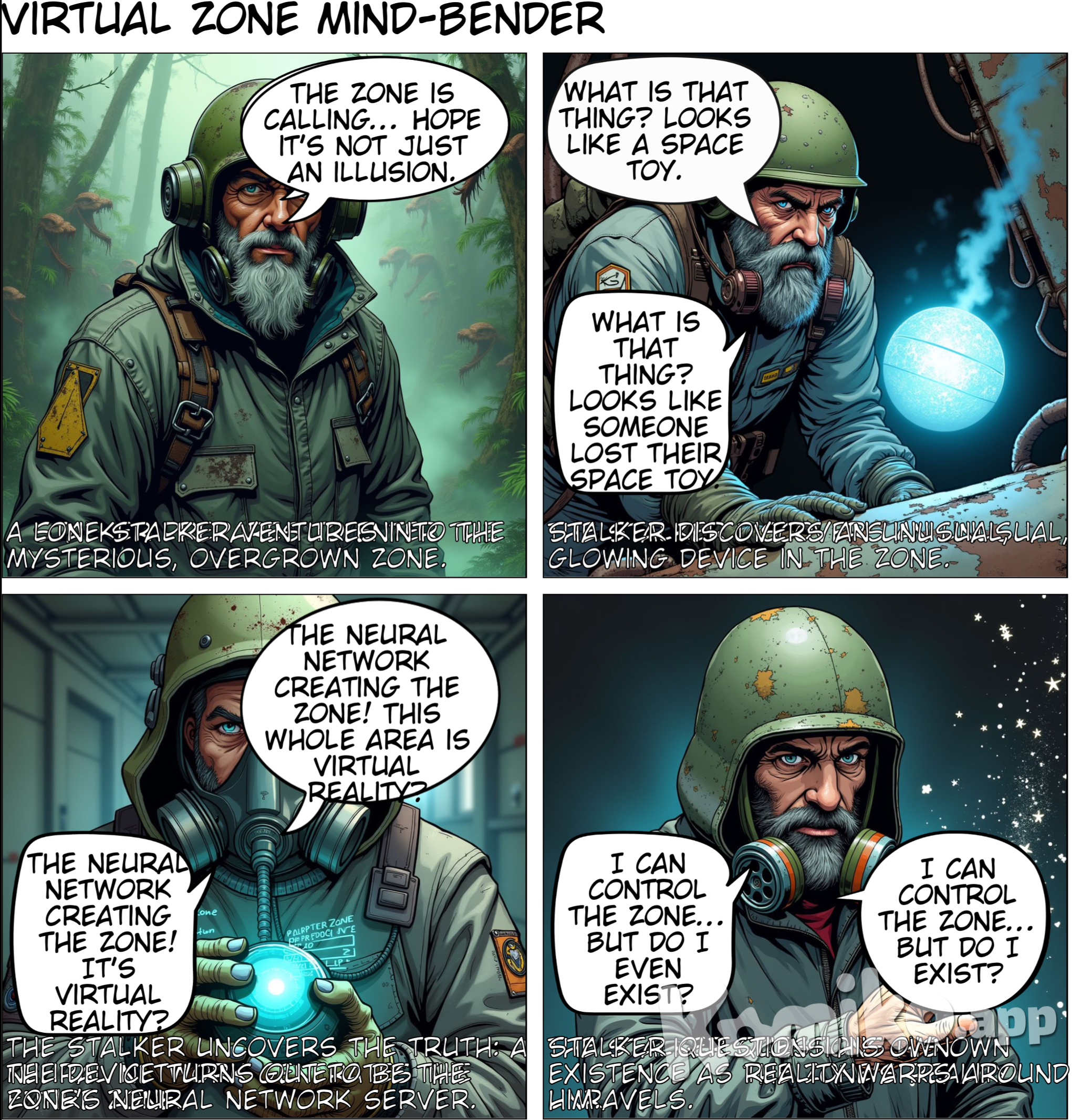  **Title:** **Stalker: Virtual Zone**  **Scene 1:** **(Entering the Zone)** - **Panel 1:** A Stalker (in protective gear) stands at the edge of the Zone, with wild overgrowth in the background.   - Stalker: "The Zone is calling... It's time to go. Hope it's not just an illusion."  **Scene 2:** **(Unusual Discovery)** - **Panel 2:** The Stalker cautiously moves through the Zone and sees a strange device emitting a blue light.   - Stalker: "What is that thing? Looks like someone lost their space toy."  **Scene 3:** **(Zone Neural Network)** - **Panel 3:** The Stalker finds the device, which turns out to be the central server of a neural network generating the entire Zone.   - Stalker: "This is it... The neural network creating the Zone! So, this whole area is virtual reality?"  **Scene 4:** **(Reality Paradox)** - **Panel 4:** The Stalker realizes that by using this neural network, he can control the Zone, but this leads to the question: does he exist, or is he also part of the simulation?   - Stalker: "I can control the Zone... But does it really exist? Or am I just part of this simulation too?" 