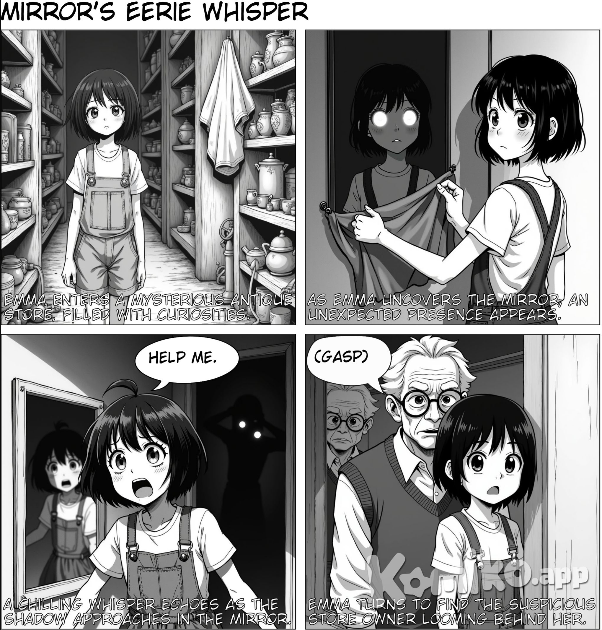 Emma, a young girl, walks into an old, dusty antique store filled with strange objects. She notices a large, old mirror covered with a cloth.  Emma pulls the cloth off the mirror. Her reflection looks normal, but behind her, there’s a shadowy figure.  The figure in the mirror begins to move closer, whispering, "Help me." Emma turns around, but no one is there.  The store owner, an old man, walks up behind Emma. His face looks suspecious.  