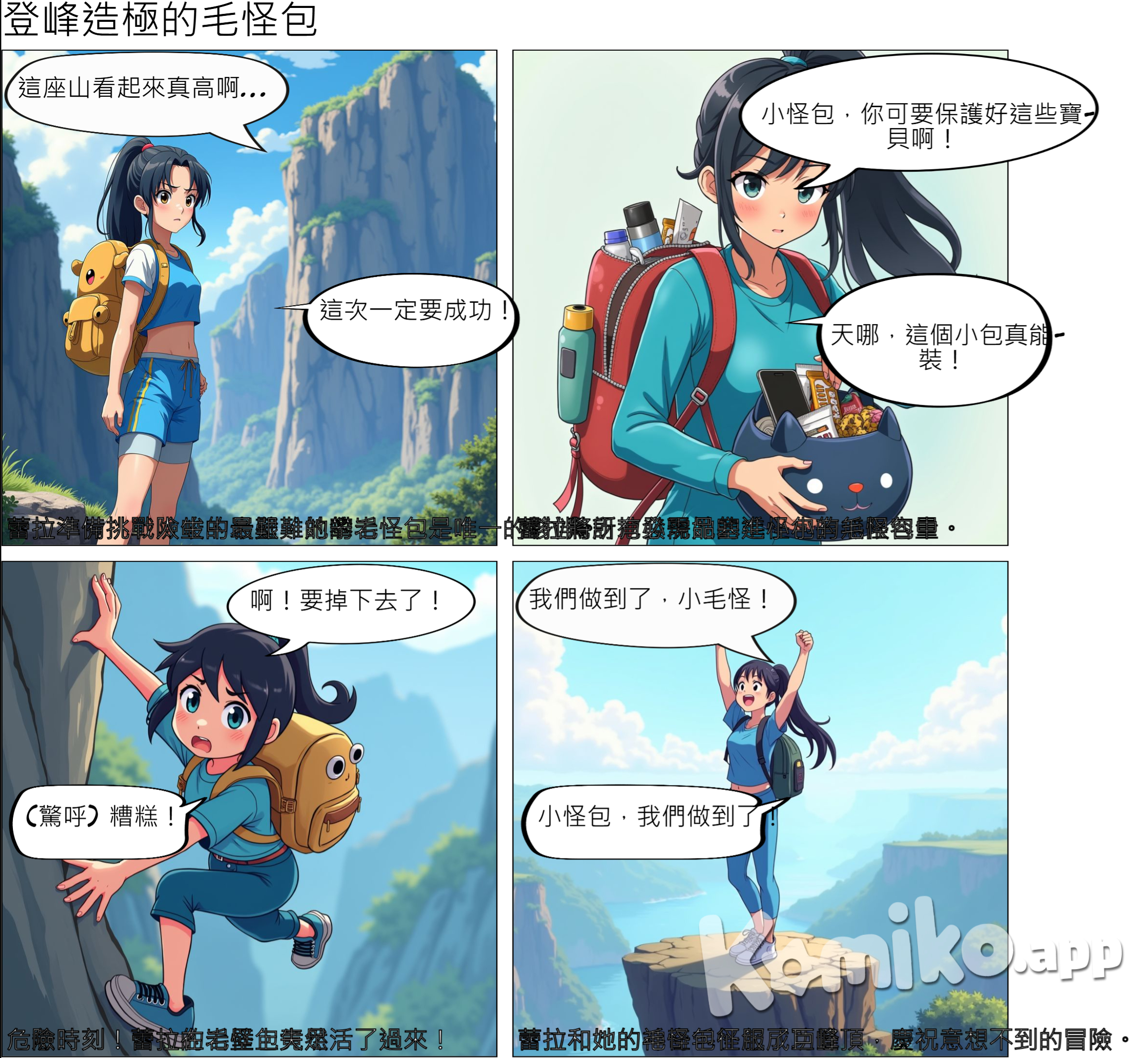 分鏡	劇本	拍攝說明 1	開場：準備與出發	這是一個開放的山谷，蕾拉站在山腳下，面對一座險峻的岩壁。她穿著運動服，神情專注但有些緊張。背著她的88PLUS卡通造型隨身包，這是她的必需品。 2	準備物品	蕾拉開始將攀岩所需的小物品（如手機、能量棒、小型水壺、繩索等）放入背包。她細心地將每一項物品整理好，神情專注。 3	開始攀爬	蕾拉背著包開始攀爬岩壁。她的動作靈活且有些謹慎，但每當她稍微停下來休息，她都會檢查背包的狀態。 4	遇到困難	在攀爬過程中，蕾拉遇到了一個難關，腳滑了一下，失去平衡。她的表情變得焦慮，感到恐懼。 5	背包的關鍵作用	蕾拉焦急地回頭，從背包中迅速取出應急物品。她掏出了繩索、手套，並拿起能量棒迅速補充體力。這些物品幫助她渡過了這個困難。  6	重新振作，繼續攀爬	蕾拉擦去額頭上的汗水，深呼吸後，重新專注於攀爬。她的動作變得更加果斷，每一步都充滿信心。背包再次隨著她的動作輕微晃動。 7	成功到達頂峰	蕾拉終於成功到達岩壁的頂端，站在高處，面對遼闊的景色。她看著遠方，臉上露出微笑，滿意和自豪地看著自己手中的背包。 8	總結與象徵	站在頂峰的蕾拉低頭看著她的88PLUS背包，眼中充滿感激。背包是她成功的見證，也是她自信與勇氣的象徵。 9	結尾與品牌呈現	蕾拉笑著向前走，背景中出現88PLUS品牌Logo，並出現廣告語。 這個包包是一個毛怪圖案的 斜背包 包包體積很小