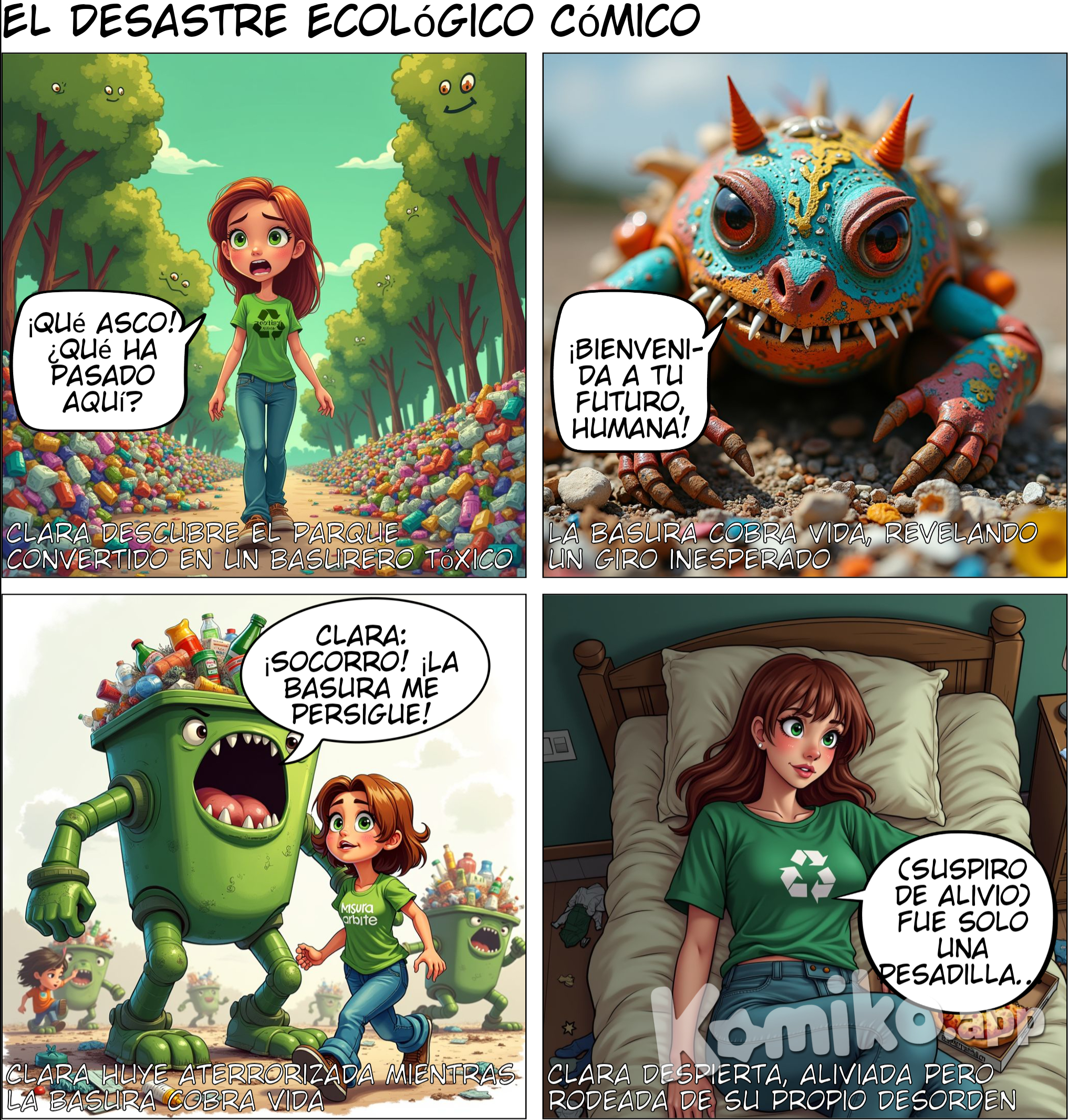 Página 1: "Algo no anda bien…"  Escena 1: (Clara camina por el parque, con una expresión de preocupación. A su alrededor hay montones de basura esparcidos, mientras algunos animales huyen asustados.)  Cuadro de texto: "Todo comenzó cuando notamos que algo estaba cambiando en nuestra ciudad..."  Viñeta 1: (Clara se agacha, recogiendo una botella de plástico, con expresión de desánimo.) Clara: "Esto es peor de lo que pensaba... hace unos meses, este parque estaba lleno de vida."  Viñeta 2: (Aparecen Ana y Leo corriendo hacia Clara. Leo señala el suelo cubierto de basura.) Leo: "Clara, ¿también lo has notado? Cada vez hay más basura y menos animales..."  Viñeta 3: (Ana, cruzada de brazos, frunce el ceño al ver a unos niños jugando cerca de la basura.) Ana: "No es solo aquí. El río también está lleno de desechos... y nadie parece hacer nada al respecto."  Viñeta 4: (Clara mira a lo lejos, pensativa.) Clara: "¿Qué está ocurriendo en nuestra ciudad? Esto no puede seguir así."   ---  Página 2: "El caos ambiental"  Escena 1: (Los personajes están en una pequeña reunión. Se ven imágenes en una pantalla de fábricas contaminando, ríos llenos de plástico, y deforestación.)  Cuadro de texto: "Nos enfrentamos a un problema grave: la degradación ambiental. Si no actuamos ahora, el daño será irreversible."  Viñeta 1: (Tomás está frente a la pantalla, mostrando un gráfico en el que se ve el aumento de CO2.) Tomás: "El CO2 está por las nubes. Las fábricas están funcionando al máximo y nadie está regulando sus emisiones."  Viñeta 2: (Ana interrumpe, señalando la pantalla con enojo.) Ana: "¿Y qué hay de los bosques? Las empresas están talando miles de hectáreas al año. ¡Nos estamos quedando sin árboles!"  Viñeta 3: (Leo se sienta con los brazos cruzados, su rostro refleja preocupación.) Leo: "He leído que los océanos están llenos de plástico. ¡Los animales marinos se están muriendo!"  Viñeta 4: (Clara se levanta de su asiento, decidida.) Clara: "No podemos ignorar esto. Si no hacemos algo, nuestra ciudad se convertirá en un basurero."   ---  Página 3: "¿Qué haremos?"  Escena 1: (Los personajes discuten intensamente. Los rostros de Clara, Tomás, Ana, y Leo reflejan distintas emociones.)  Cuadro de texto: "Todos teníamos una opinión, pero el consenso era claro: algo debía cambiar."  Viñeta 1: (Clara está de pie, con el ceño fruncido, mirando a los demás.) Clara: "No podemos quedarnos de brazos cruzados. Si no hacemos algo ahora, será demasiado tarde."  Viñeta 2: (Tomás toma la palabra, con un gesto serio.) Tomás: "Necesitamos soluciones científicas. Hay tecnologías que pueden ayudarnos a limpiar el aire y el agua, pero necesitamos inversión y voluntad política."  Viñeta 3: (Ana golpea la mesa, enojada.) Ana: "¡La gente tiene que abrir los ojos! No basta con tecnología, también necesitamos conciencia social. La educación es clave."  Viñeta 4: (Leo levanta la mano, buscando calmar los ánimos.) Leo: "Tienen razón. Pero también debemos empezar por cosas pequeñas. Si todos ponemos de nuestra parte, el cambio será real."   ---  Página 4: "¿Por qué estamos aquí?"  Escena 1: (Se muestran diferentes viñetas representando las causas del problema.)  Cuadro de texto: "El problema radica en nuestras acciones: la industrialización, la deforestación y la falta de conciencia ambiental."  Viñeta 1: (Una fábrica gigante emitiendo humo negro al cielo, contaminando el aire a su alrededor.) Tomás: "Las fábricas están trabajando sin ningún tipo de control ambiental. Este humo es tóxico para todos."  Viñeta 2: (Un camión talando árboles, destruyendo un bosque verde y lleno de vida.) Ana: "La deforestación es criminal. Están destruyendo ecosistemas completos. ¡Los animales no tienen adónde ir!"  Viñeta 3: (Una calle llena de coches, con el tráfico detenido y el aire lleno de smog.) Leo: "El uso excesivo de autos está matando el aire que respiramos. Necesitamos alternativas más limpias."  Viñeta 4: (Clara señalando un río lleno de basura y plástico flotante.) Clara: "Y este río... solía ser un lugar limpio. Ahora está lleno de plástico. Los peces ya ni se ven."   ---  Página 5: "Las consecuencias"  Escena 1: (Se muestran los efectos devastadores del cambio climático.)  Cuadro de texto: "Las consecuencias ya son visibles: el cambio climático está alterando el equilibrio del planeta."  Viñeta 1: (Un huracán arrasando una ciudad costera, con casas destruidas y gente evacuando.) Tomás: "Los huracanes son cada vez más fuertes. Esto es una consecuencia directa del calentamiento global."  Viñeta 2: (Un gran incendio forestal arrasando un bosque. Los animales huyen despavoridos.) Ana: "Los incendios se están volviendo más comunes. La sequía provocada por el cambio climático está destruyendo bosques enteros."  Viñeta 3: (Una playa llena de desechos plásticos, con una tortuga enredada en una bolsa.) Leo: "Los animales marinos están muriendo. Cada día, toneladas de plástico llegan al océano."  Viñeta 4: (Tomás observando un gráfico con el deshielo de los polos.) Tomás: "Si los polos siguen derritiéndose, el nivel del mar subirá y muchas ciudades costeras desaparecerán."   ---  Página 6: "¡Es hora de actuar!"  Escena 1: (Los personajes comienzan a poner en marcha sus soluciones.)  Cuadro de texto: "Nuestras soluciones incluían campañas de concienciación, energías limpias y una mejor gestión de residuos."  Viñeta 1: (Clara y Ana marchando junto a un grupo de personas, con pancartas que dicen "Salvemos el planeta" y "No más contaminación".) Clara: "Si todos nos unimos, podemos hacer una diferencia. ¡Es hora de que el mundo nos escuche!"  Viñeta 2: (Tomás en un laboratorio, trabajando en un panel solar mientras otros científicos colaboran.) Tomás: "La energía solar es una solución limpia y eficiente. Debemos promover su uso masivo."  Viñeta 3: (Leo organizando una campaña de reciclaje en su barrio, entregando bolsas reutilizables a los vecinos.) Leo: "Reciclar es un pequeño paso, pero si todos lo hacemos, el impacto será enorme."   ---  Página 7: "Un futuro verde"  Escena 1: (Después de las acciones realizadas, el ambiente en la ciudad mejora.)  Cuadro de texto: "Juntos, habíamos dado el primer paso hacia un futuro más verde."  Viñeta 1: (El grupo observando un parque limpio, lleno de árboles y vida. Los edificios tienen paneles solares y las calles están llenas de bicicletas en lugar de coches.) Sara: "A veces, los cambios pequeños pueden hacer una gran diferencia."  Viñeta 2: (El equipo sonríe, satisfecho con los avances. Clara y Ana miran a Tomás, quien muestra orgullosamente un informe de los logros ambientales.) Cuadro de texto final: "Esto es solo el comienzo. El futuro está en nuestras manos."