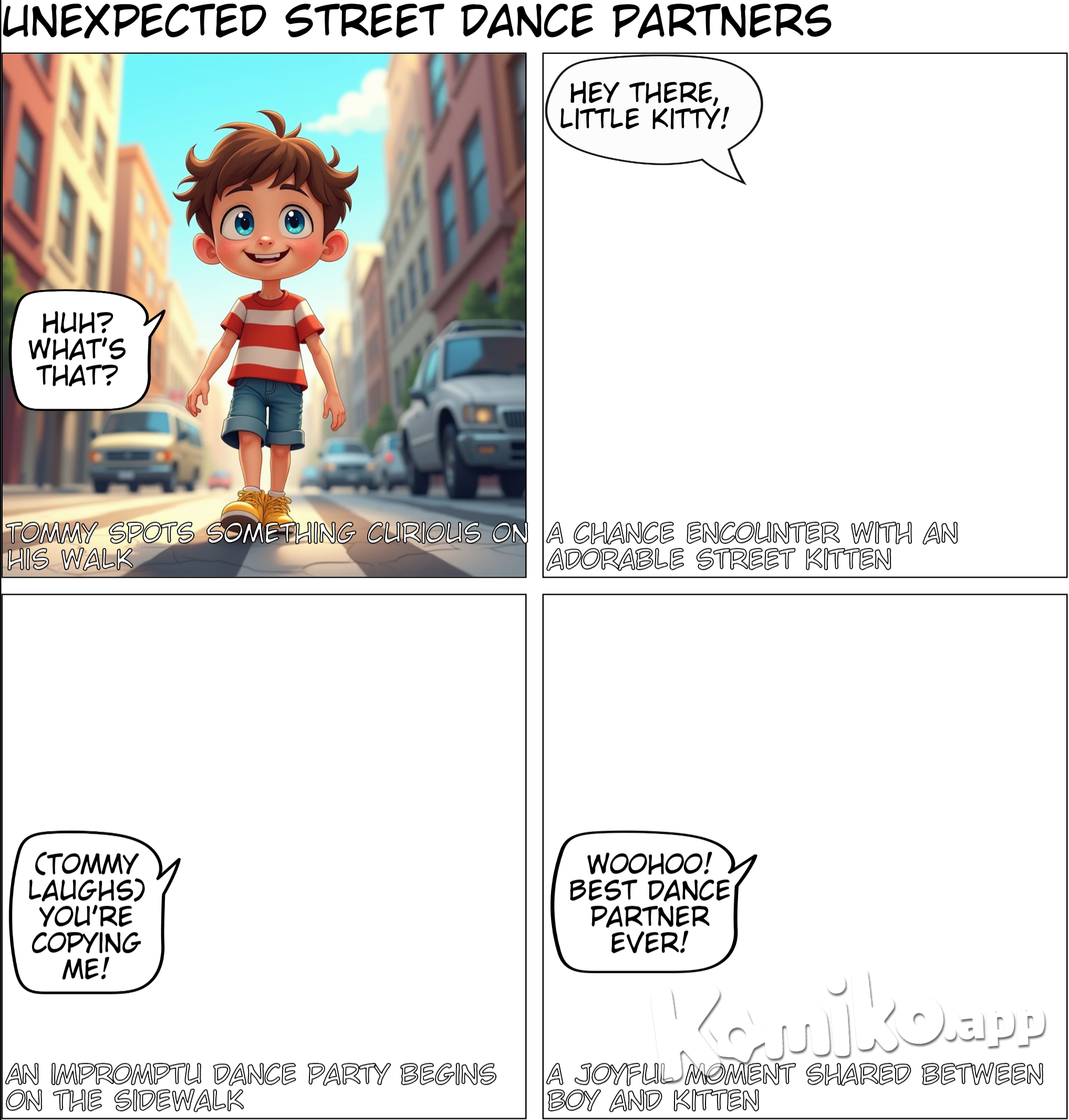 A boy met a little cat at street and thay dance together