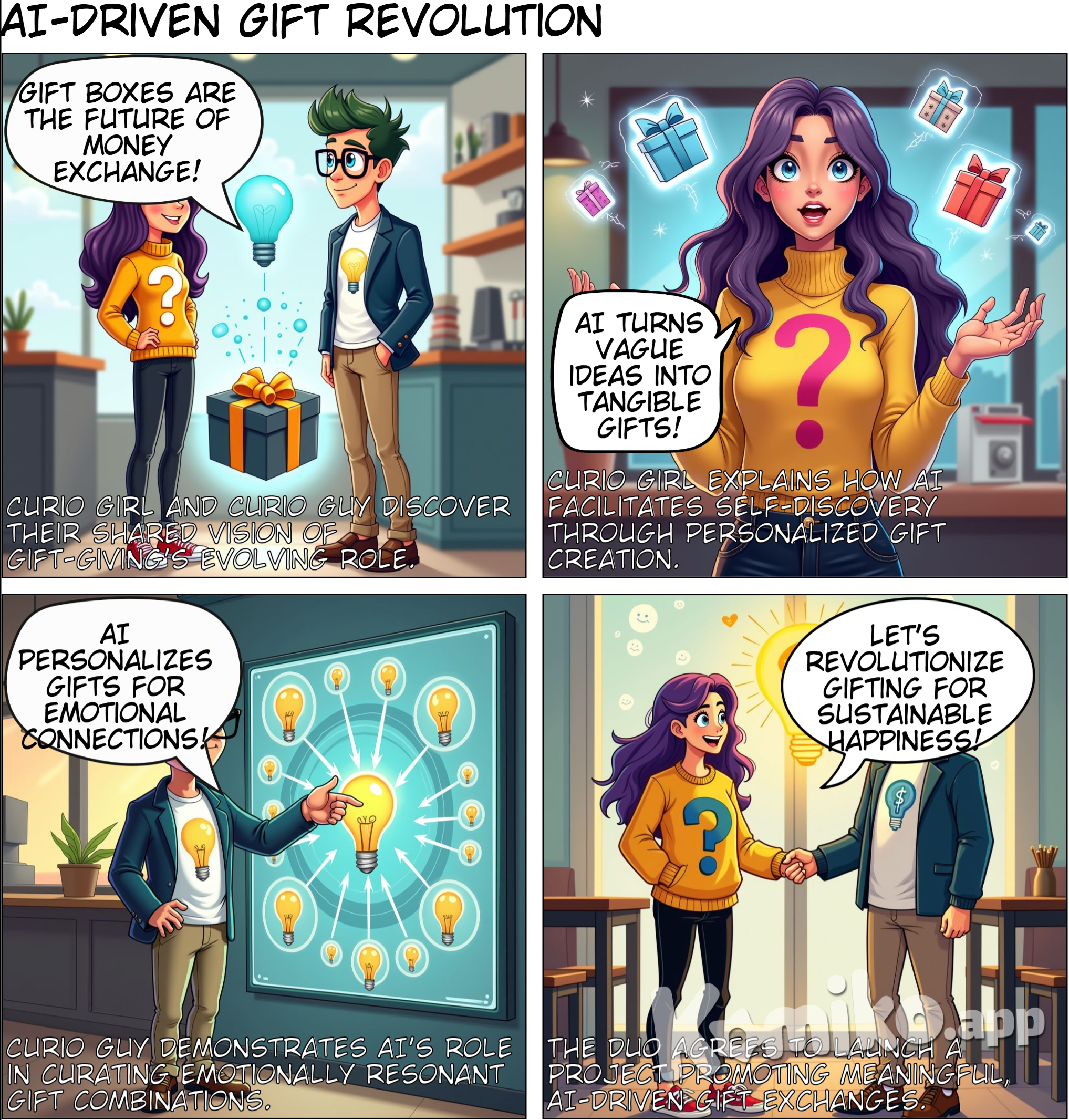 <CurioGirl-d4x6>, <CurioGuy-1gyg>, {Curio Girl} and {Curio Guy} meet each other and they found it very profoundly interesting that they share the same understanding of the much more important role of gift box in today and near future's ways to exchange money. They had a conversation talking about their importance of self discovery in this new world by having AI as a presentation habit from any vague ideas to specific manifestation. They also and a conversation of talking about AI getting more involved in making decisions for people's extracted view of buying combination of goods especially to serve emotional connectivities with other people and AIGC getting things done by making the combination of goods more personalized by its look and design. They reached a consensus that they would like to start a project together to change both consumers and goods makers' perception by showing much less exchange of money energy and having more happiness in a sustainable manner. 