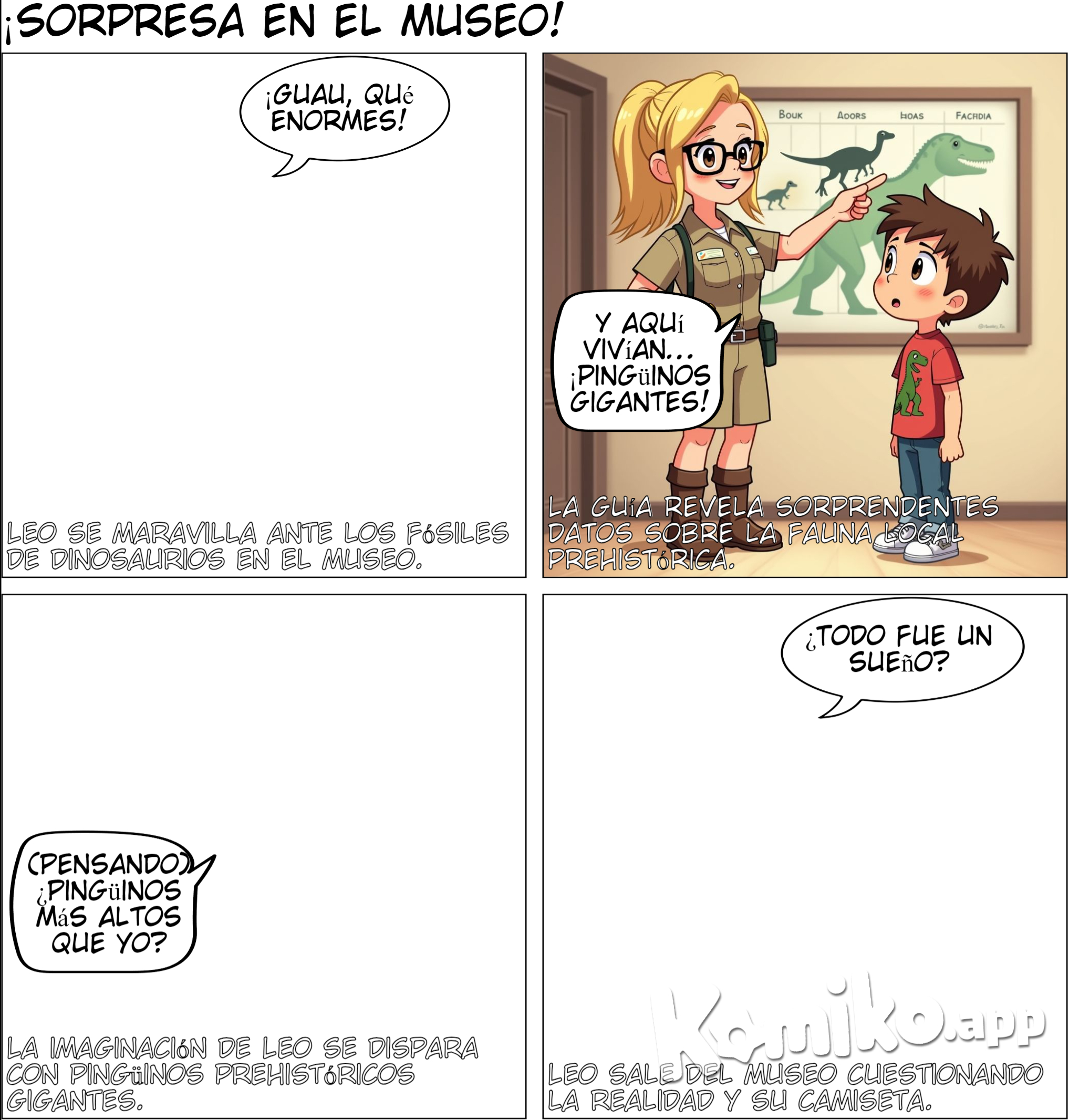 En el museo, Leo observa fósiles de dinosaurios y escucha a un guía que le habla sobre la fauna de la región a lo largo del tiempo. Se sorprende al aprender sobre la historia natural de su entorno.