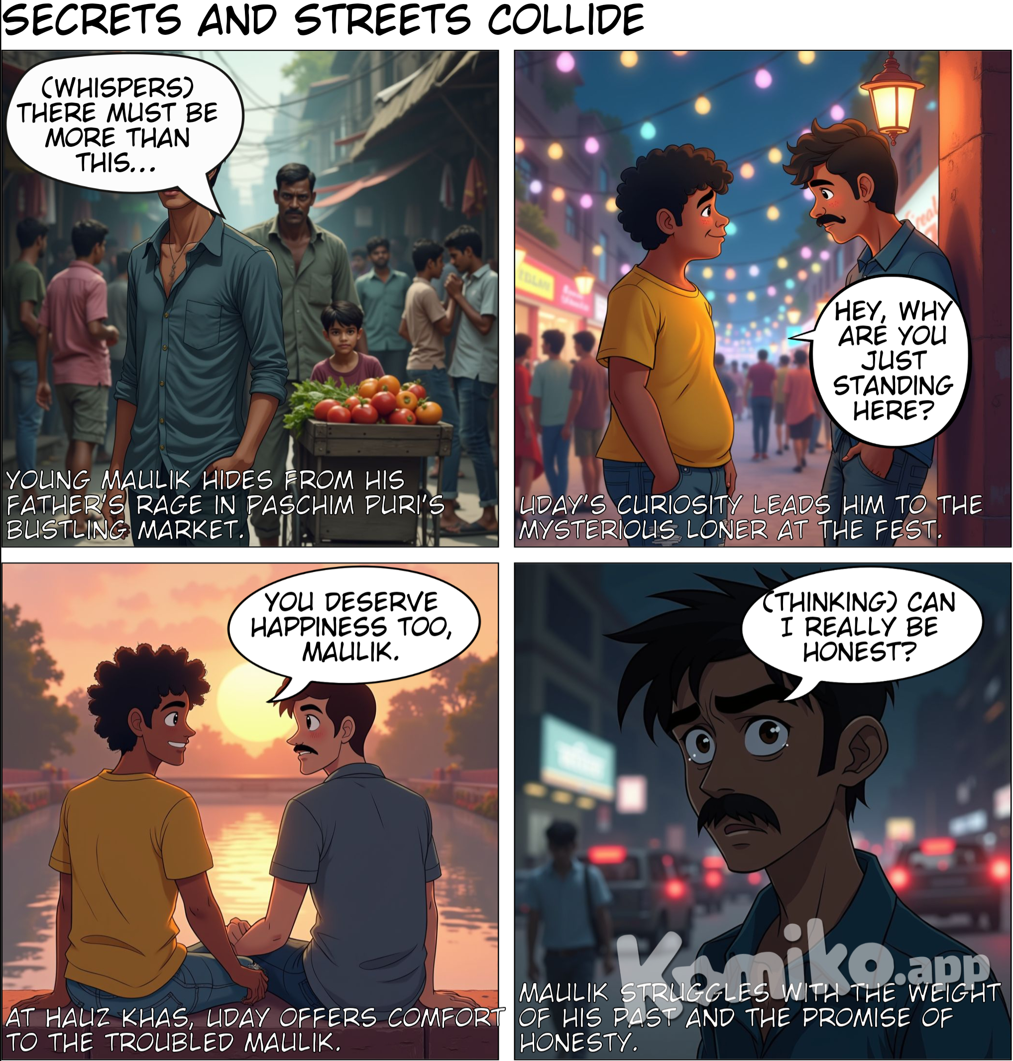 **Chapter 1: Whispers of the Past** This story is about Maulik and Uday, two souls from different worlds who found each other amid the streets of Delhi, bound by fate yet challenged by the secrets of their past. Maulik grew up in Paschim Puri, a place of bustling, narrow lanes, crowded markets, and a life that often felt like one long escape. His father was a hard man with a temper that flared unpredictably, and his mother, though gentle, often withdrew in silence. Left alone, Maulik wandered the noisy streets of Paschim Puri, looking for an escape from the shadows of his small apartment. The crowded markets became his refuge. He’d watch people go about their lives, his mind drifting into thoughts of freedom. One day, while hiding from his father’s anger in a corner of the marketplace, he whispered to himself, “There must be more than this. A life where I don’t have to walk on eggshells.” Meanwhile, in the quiet lanes of Paschim Vihar, Uday’s life was a contrasting story. Raised in a warm, close-knit family, his days were filled with laughter, love, and a sense of safety he took for granted. Yet, despite her comfortable life, he felt a restlessness he couldn’t explain. He would often gaze out of his window, watching the world beyond his street with a longing for something new. On weekends, he explored Delhi with friends, hunting for hidden gems and finding thrill in the vibrant city around him. “I want something real, something raw,” he would say to his friends. “I want to feel more alive.” Their worlds collided one evening during a college fest in central Delhi. Uday had been moving through the crowd, laughing with his friends, when he noticed a quiet figure standing alone by the edge of the gathering. Maulik, with his intense gaze and silent demeanor, seemed out of place. He watched the crowd with an almost sad expression, as if searching for something he couldn’t quite name. Curious, Uday left his friends and approached him. “Hey, why are you just standing here all by yourself?” he asked with a warm smile. Maulik looked up, startled, then offered a shy smile. “Just… watching. I’m not really good with crowds.” “Neither am I, sometimes,” he laughed, though his ease with people was evident. “But these fests can be fun—if you find the right company.” He extended his hand, introducing himself. “I’m Uday.” “Maulik,” he replied, hesitating before shaking his hand. They fell into easy conversation, discovering a shared love for Delhi’s hidden corners. As the night wore on, they exchanged stories of their favorite spots in the city, and Uday’s infectious energy gradually pulled Maulik out of his shell. From that night on, they were inseparable. Every weekend, they met to explore a new part of Delhi. Chandni Chowk, Jama Masjid, and the quiet ruins of Hauz Khas became the backdrop to their blossoming friendship. One evening, as they strolled through the narrow streets of Chandni Chowk, Uday turned to him, eyes twinkling. “It’s hard to believe we grew up in the same city, Maulik. Paschim Puri and Paschim Vihar feel like worlds apart.” Maulik nodded, his expression unreadable. “They are,” he said softly. “But with you, it doesn’t feel so far anymore.” Uday sensed a weight behind his words. “What was it like, growing up there?” he asked gently. He hesitated, but something about his presence made him feel safe enough to open up, even just a little. “My father… he wasn’t an easy man,” he said quietly. “I grew up watching my every step, waiting for things to go wrong.” His voice trailed off, and he looked away, the pain surfacing in his eyes. Uday reached out, placing a hand on his shoulder. “I’m here,” he said, his voice barely a whisper. “Whatever you want to share, I’m here to listen.” For Maulik, these words were a lifeline. With Uday, he felt a sense of peace he hadn’t known was possible. In Uday, Maulik found a friend and an anchor, someone who didn’t push but offered steady support. They’d often spend hours in silence, sitting under the ancient trees at Hauz Khas, the sunset casting golden light over the lake. Maulik would gaze at the water, lost in thought, and Uday would wait patiently, never pressing him to share more than he was ready for. One day, as they watched the sunset, Uday spoke up. “I don’t know what life has put you through, Maulik, but you deserve happiness, too. You deserve to feel free.” Maulik turned to him, the words hitting a part of him he kept locked away. “It’s hard to believe that sometimes,” he admitted. “But with you… I feel like maybe it’s possible.” Their relationship blossomed, though unspoken fears lingered in the background. For Uday, Maulik was the depth and intensity he had longed for, someone who filled his life with a raw, authentic connection. For Maulik, Uday was his light, guiding him out of the darkness of his past. But even as they grew closer, he struggled to fully let him in, haunted by the shadows of his childhood. As they sat on the steps of Jama Masjid one evening, watching the bustle of the market below, Uday leaned his head on his shoulder. “Promise me one thing, Maulik.” “What’s that?” he asked, looking down at him. “Promise me you’ll always be honest with me, no matter how hard it is.” Maulik felt a pang in his chest, sensing that he saw through his guarded walls. “I promise,” he replied softly, though a part of him feared he might not be able to keep that promise. Their love, born out of adventure and understanding, grew with each passing day. But as their bond deepened, so did the weight of Maulik’s secrets. While he wanted to give Uday the world, the wounds of his past were still raw, and he couldn’t shake the fear of letting him see the darkest parts of him. They stood at the edge of something deeper, unaware of the trials that lay ahead. As the lights of Delhi twinkled around them, two souls from opposite worlds were bound together, yet held apart by the invisible threads of the past, waiting for the truth that would one day test the strength of their love. STAY TUNED FOR PART 2…. Uday is a bit fat and has curly hair. Maulik is taller than Uday and has moustache