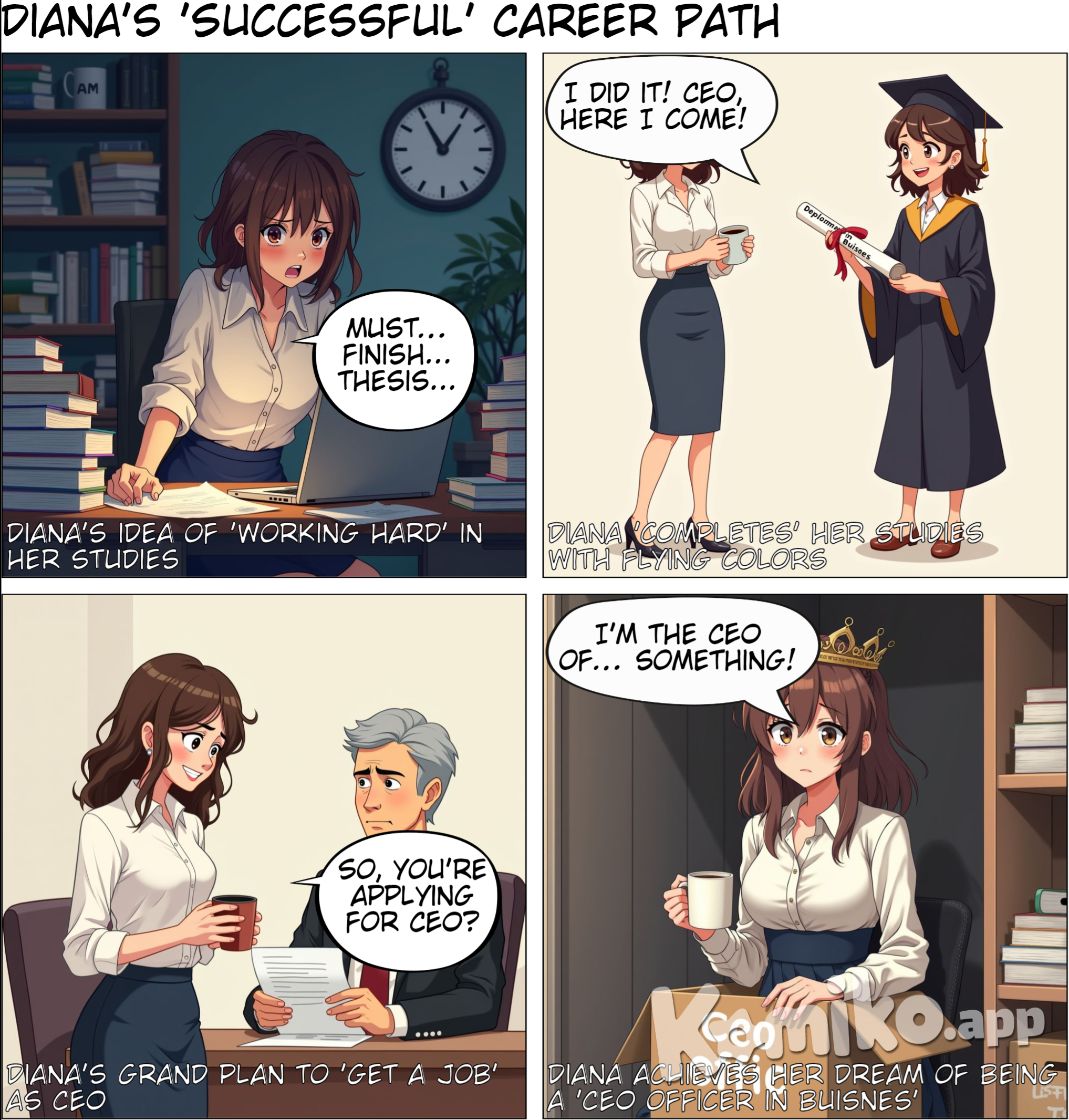 Diana is working hard and hard . she complite study . and get a job .she is an ceo officer in buisnes