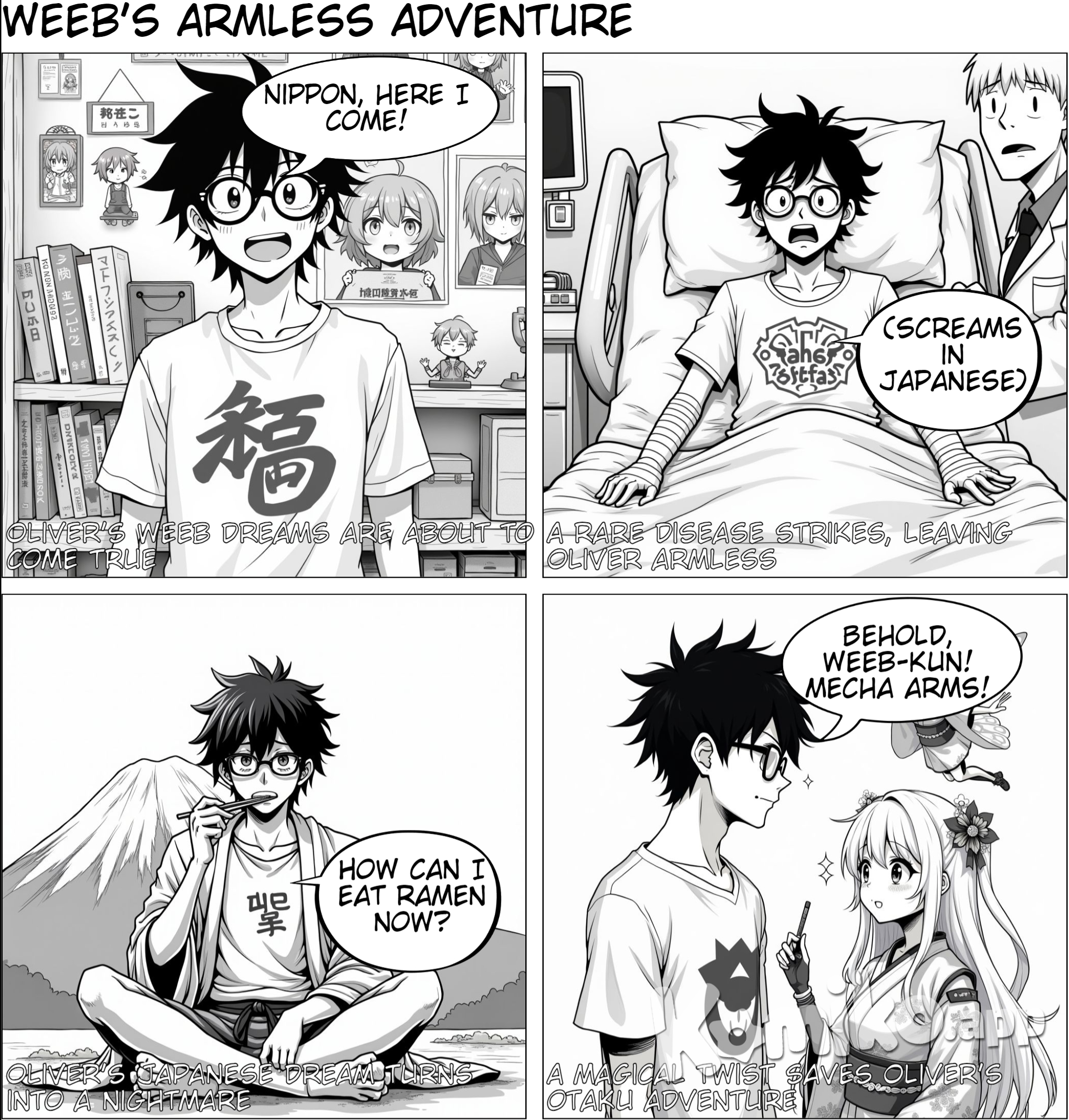 A young man is crazy about Japanese culture and decide to travel to Japan. However, he got a rare disease and lost his arms. Finally, he was saved by a pretty fairy at Mt. Fuji.