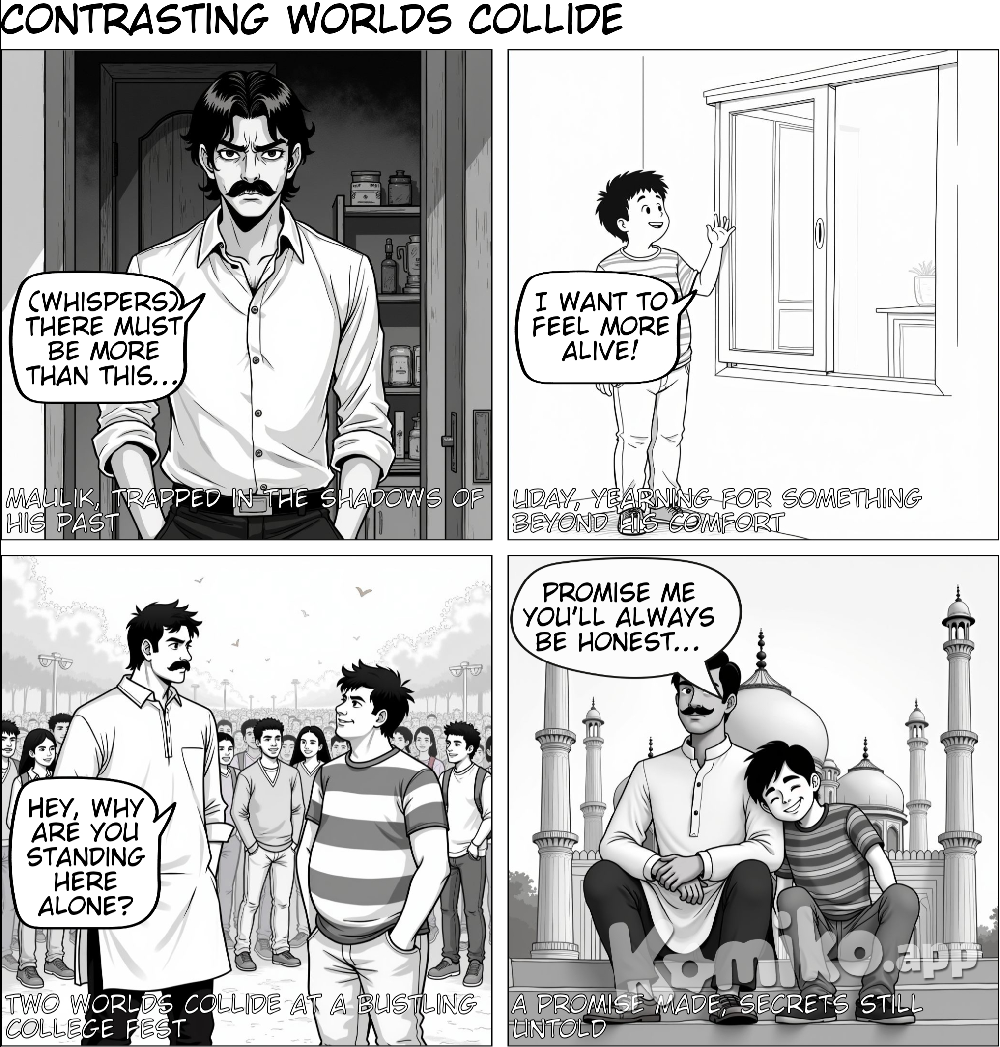 **Chapter 1: Whispers of the Past** This story is about Maulik and Uday, two souls from different worlds who found each other amid the streets of Delhi, bound by fate yet challenged by the secrets of their past. Maulik grew up in Paschim Puri, a place of bustling, narrow lanes, crowded markets, and a life that often felt like one long escape. His father was a hard man with a temper that flared unpredictably, and his mother, though gentle, often withdrew in silence. Left alone, Maulik wandered the noisy streets of Paschim Puri, looking for an escape from the shadows of his small apartment. The crowded markets became his refuge. He’d watch people go about their lives, his mind drifting into thoughts of freedom. One day, while hiding from his father’s anger in a corner of the marketplace, he whispered to himself, “There must be more than this. A life where I don’t have to walk on eggshells.” Meanwhile, in the quiet lanes of Paschim Vihar, Uday’s life was a contrasting story. Raised in a warm, close-knit family, his days were filled with laughter, love, and a sense of safety he took for granted. Yet, despite her comfortable life, he felt a restlessness he couldn’t explain. He would often gaze out of his window, watching the world beyond his street with a longing for something new. On weekends, he explored Delhi with friends, hunting for hidden gems and finding thrill in the vibrant city around him. “I want something real, something raw,” he would say to his friends. “I want to feel more alive.” Their worlds collided one evening during a college fest in central Delhi. Uday had been moving through the crowd, laughing with his friends, when he noticed a quiet figure standing alone by the edge of the gathering. Maulik, with his intense gaze and silent demeanor, seemed out of place. He watched the crowd with an almost sad expression, as if searching for something he couldn’t quite name. Curious, Uday left his friends and approached him. “Hey, why are you just standing here all by yourself?” he asked with a warm smile. Maulik looked up, startled, then offered a shy smile. “Just… watching. I’m not really good with crowds.” “Neither am I, sometimes,” he laughed, though his ease with people was evident. “But these fests can be fun—if you find the right company.” He extended his hand, introducing himself. “I’m Uday.” “Maulik,” he replied, hesitating before shaking his hand. They fell into easy conversation, discovering a shared love for Delhi’s hidden corners. As the night wore on, they exchanged stories of their favorite spots in the city, and Uday’s infectious energy gradually pulled Maulik out of his shell. From that night on, they were inseparable. Every weekend, they met to explore a new part of Delhi. Chandni Chowk, Jama Masjid, and the quiet ruins of Hauz Khas became the backdrop to their blossoming friendship. One evening, as they strolled through the narrow streets of Chandni Chowk, Uday turned to him, eyes twinkling. “It’s hard to believe we grew up in the same city, Maulik. Paschim Puri and Paschim Vihar feel like worlds apart.” Maulik nodded, his expression unreadable. “They are,” he said softly. “But with you, it doesn’t feel so far anymore.” Uday sensed a weight behind his words. “What was it like, growing up there?” he asked gently. He hesitated, but something about his presence made him feel safe enough to open up, even just a little. “My father… he wasn’t an easy man,” he said quietly. “I grew up watching my every step, waiting for things to go wrong.” His voice trailed off, and he looked away, the pain surfacing in his eyes. Uday reached out, placing a hand on his shoulder. “I’m here,” he said, his voice barely a whisper. “Whatever you want to share, I’m here to listen.” For Maulik, these words were a lifeline. With Uday, he felt a sense of peace he hadn’t known was possible. In Uday, Maulik found a friend and an anchor, someone who didn’t push but offered steady support. They’d often spend hours in silence, sitting under the ancient trees at Hauz Khas, the sunset casting golden light over the lake. Maulik would gaze at the water, lost in thought, and Uday would wait patiently, never pressing him to share more than he was ready for. One day, as they watched the sunset, Uday spoke up. “I don’t know what life has put you through, Maulik, but you deserve happiness, too. You deserve to feel free.” Maulik turned to him, the words hitting a part of him he kept locked away. “It’s hard to believe that sometimes,” he admitted. “But with you… I feel like maybe it’s possible.” Their relationship blossomed, though unspoken fears lingered in the background. For Uday, Maulik was the depth and intensity he had longed for, someone who filled his life with a raw, authentic connection. For Maulik, Uday was his light, guiding him out of the darkness of his past. But even as they grew closer, he struggled to fully let him in, haunted by the shadows of his childhood. As they sat on the steps of Jama Masjid one evening, watching the bustle of the market below, Uday leaned his head on his shoulder. “Promise me one thing, Maulik.” “What’s that?” he asked, looking down at him. “Promise me you’ll always be honest with me, no matter how hard it is.” Maulik felt a pang in his chest, sensing that he saw through his guarded walls. “I promise,” he replied softly, though a part of him feared he might not be able to keep that promise. Their love, born out of adventure and understanding, grew with each passing day. But as their bond deepened, so did the weight of Maulik’s secrets. While he wanted to give Uday the world, the wounds of his past were still raw, and he couldn’t shake the fear of letting him see the darkest parts of him. They stood at the edge of something deeper, unaware of the trials that lay ahead. As the lights of Delhi twinkled around them, two souls from opposite worlds were bound together, yet held apart by the invisible threads of the past, waiting for the truth that would one day test the strength of their love. STAY TUNED FOR PART 2…. . Uday is a bit fat and maulik is taller than Uday and has moustache.