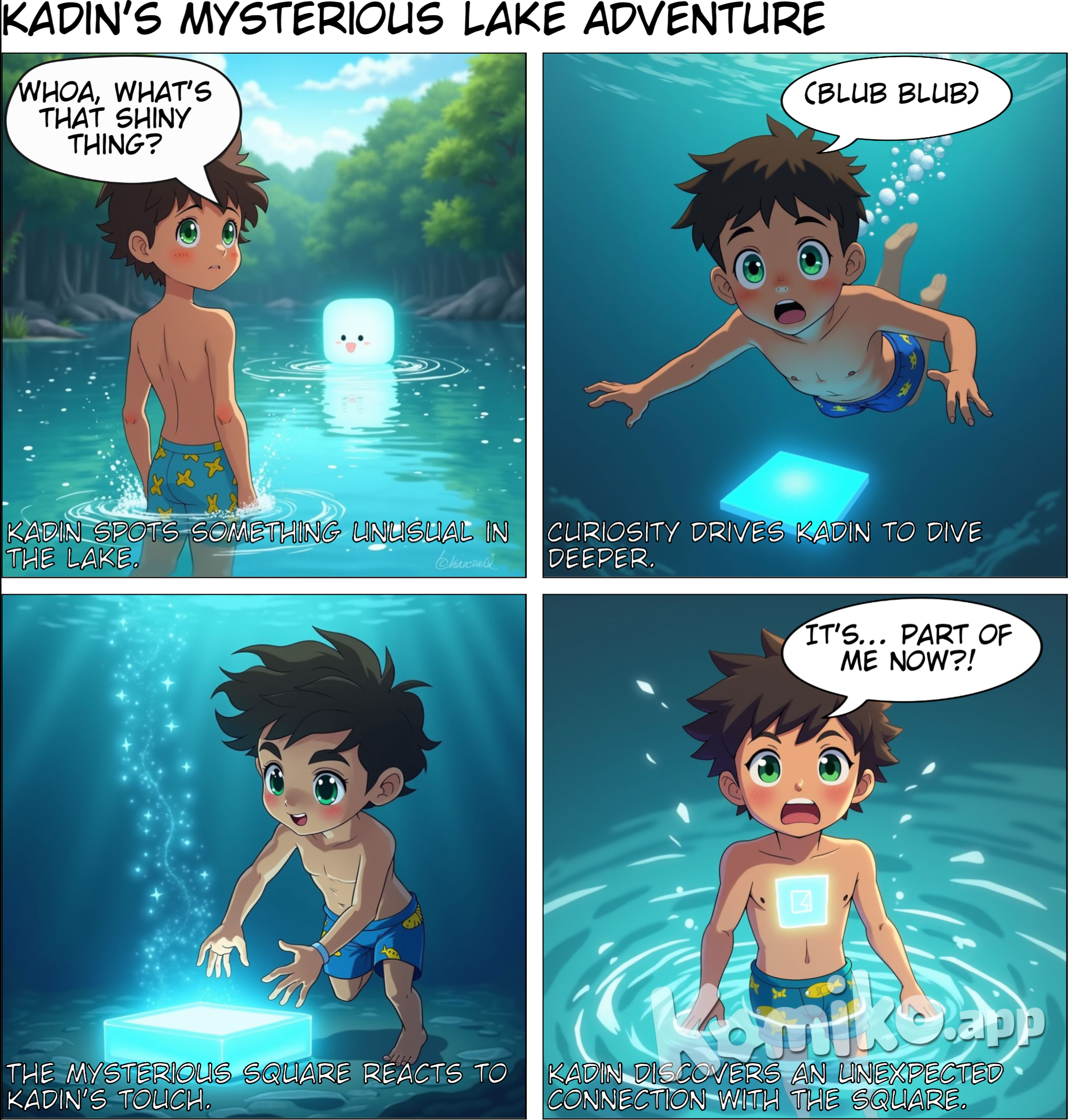 A boy named Kadin was in a lake he sees a square and he dives to get it and it connects to his body.