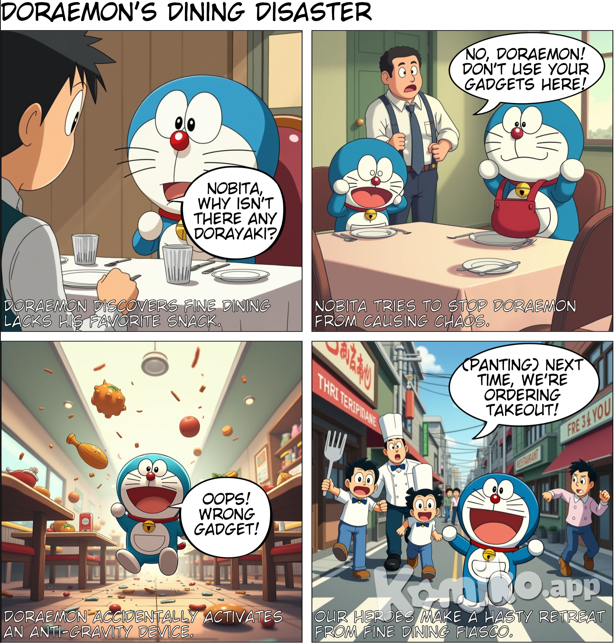 Doraemon eats with Nobita at a restaurant