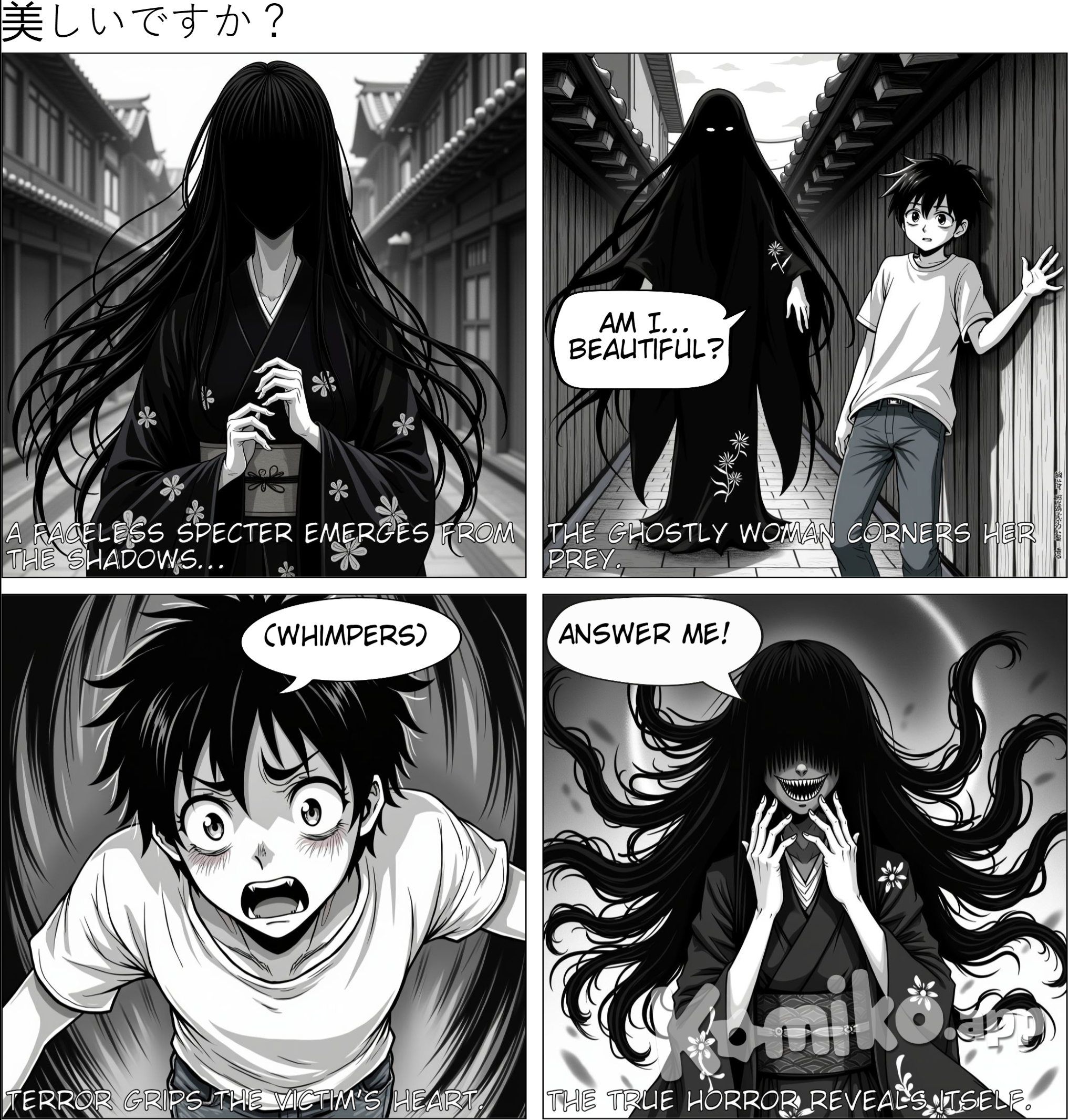 a junji ito like horror, a woman with long black hair, black kimono, blank black face, asking another person if she's pretty, the other person is scared, horror, scary