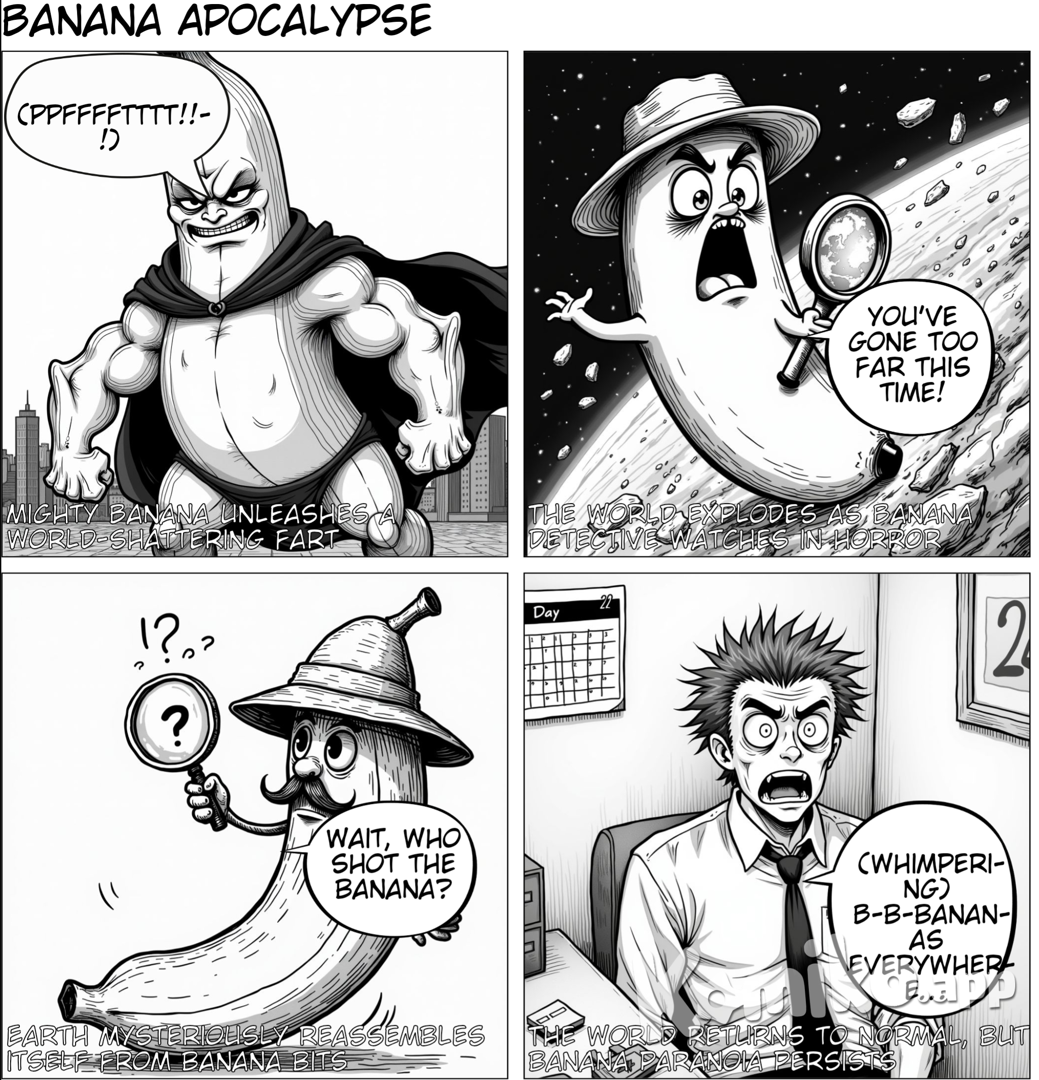 A banana farts so big.That the entire world explodes, then the other banana points a banana.Add it shouldn't yet with a banana causing the banana to explode, causing all the extra banana bits to come back in the banana.Who shot the banana?Then another explosion happens when the world gets restored home.Stead then everyone just thinks it's a normal day but everyone is now scared of bananas