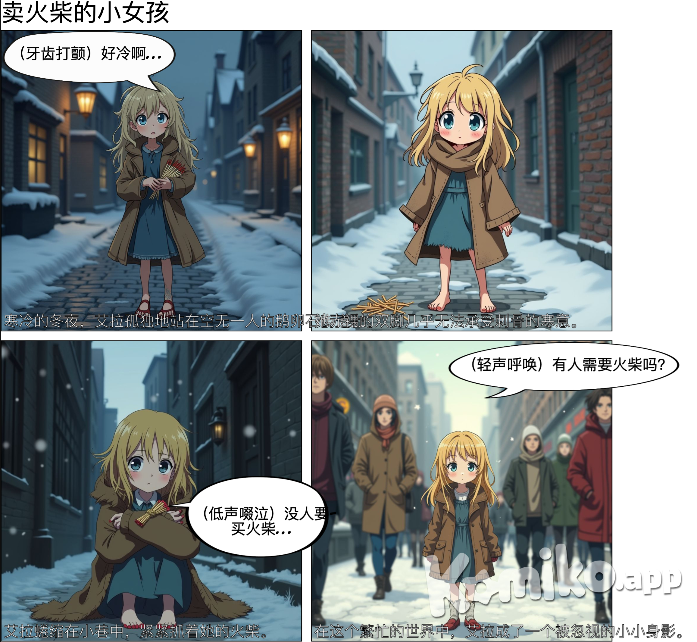 在一个寒冷的冬夜，鹅卵石街道上空无一人，卖火柴的小女孩艾拉在她的破旧衣服中颤抖，赤裸的双脚几乎无法承受寒冷。她紧紧抓着一小捆火柴，在这个繁忙的世界中徘徊，一个小小的身影，被周围的冷漠所淹没。