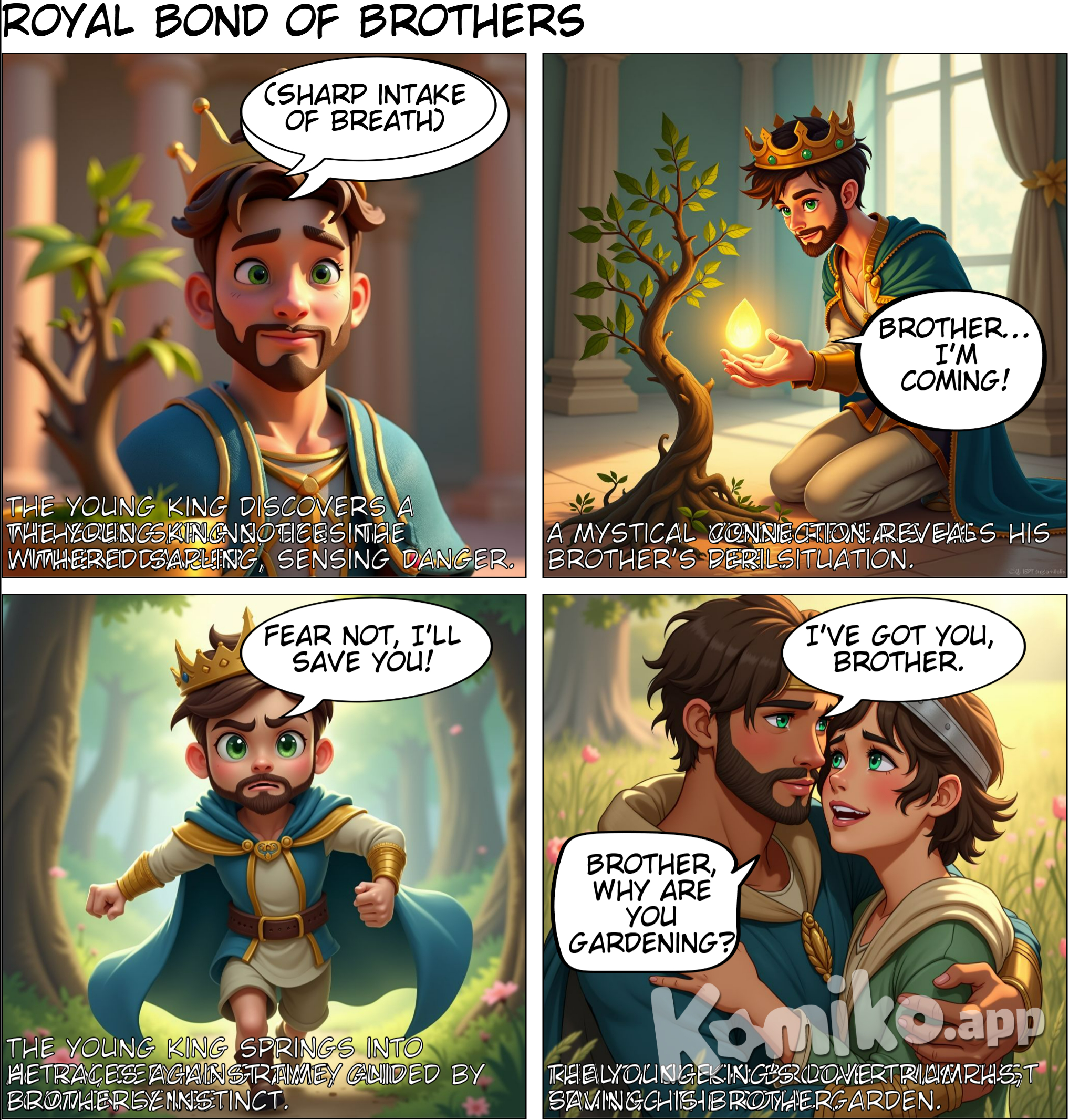 Character 0 is Young King, description: A handsome young man with a golden crown, wearing regal blue and gold robes. He has short brown hair and a neatly trimmed beard.. The Young King noticed the young sapling in the throne room withered. The Young King immediately knows his brother is in danger and went to save him, anime style with soft pastel color and soft lighting