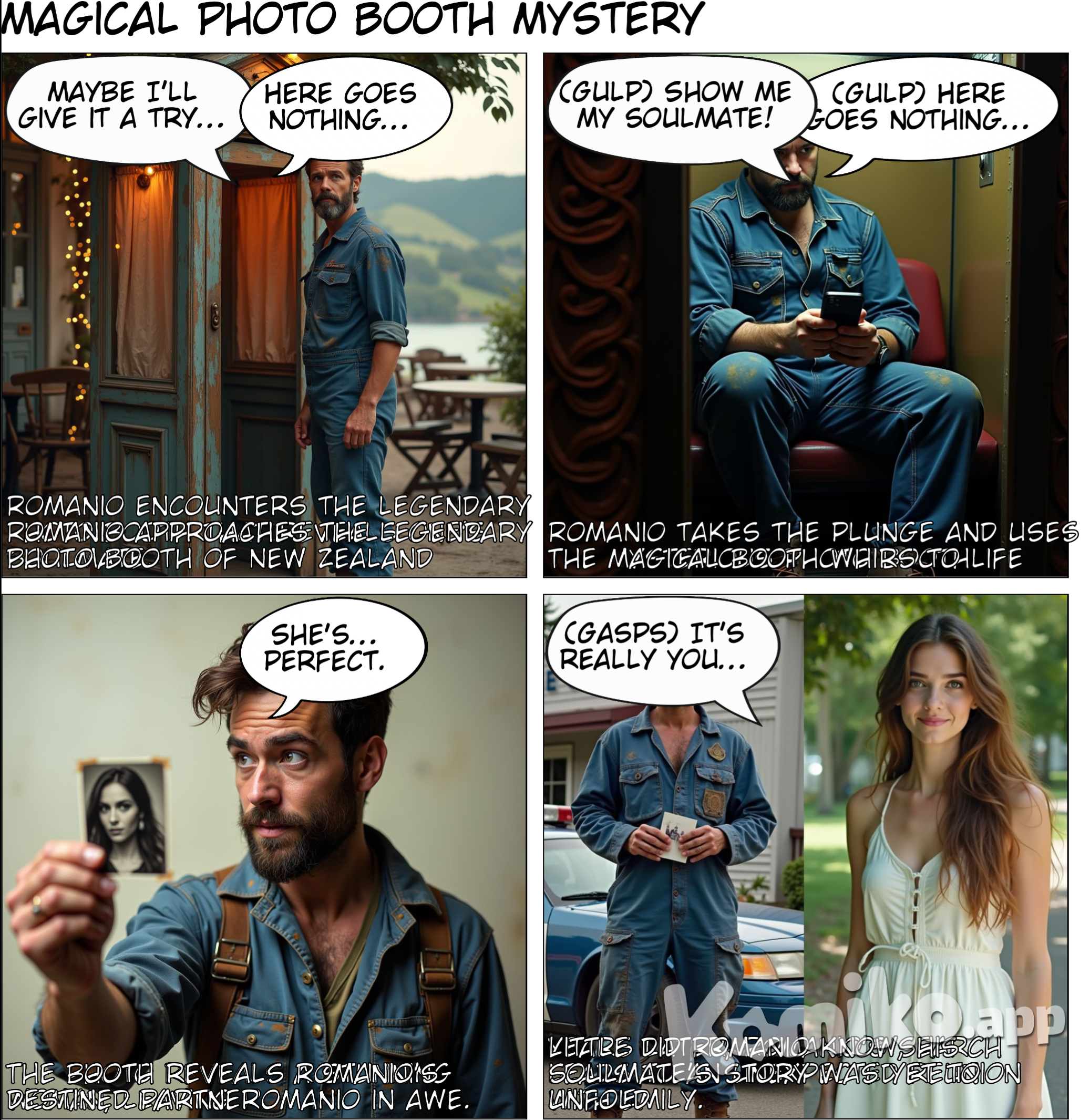 In a tucked-away corner of New Zealand, nestled among the breathtaking landscapes of rolling hills and shimmering lakes, a peculiar photo booth stood outside a quaint café named “The Shuttered Moment.” It was unlike any typical booth; it was a whimsical structure adorned with twinkling lights and carved wood, creating an allure that attracted both locals and tourists alike. Known simply as the Photo Booth, its reputation spread far beyond the small town, rumored to possess a strange, almost magical ability. For centuries, whispers of its origin circulated among the townsfolk. Some claimed it was built by a forlorn artist who longed to capture the essence of love; others insisted it was a gift from the gods, designed to reunite lost souls. Legends said the booth could reveal not just a fleeting moment in time, but a connection to one’s true soulmate. Once a willing participant stepped inside, the booth would snap a picture that showcased not the individual, but their destined partner—always 100% accurate, and always brief. For Romanio Smith, however, the allure of the booth was merely a curiosity, an indulgence he had never considered—until that day. A seasoned mechanic in his late twenties, he was bogged down by the monotony of life in the small town. Encouraged by friends, he decided to visit the Photo Booth, a decision that would change the course of his life forever. As Romanio stepped inside the booth, he took a deep breath, excitement bubbling in his chest. Shifting uncomfortably on the plastic seat, he toyed with his cellphone, wondering about the fabled images. Would he see someone incredible? Someone ordinary? Or would he catch a glimpse of a simple imagined world beyond his own? It clicked. The booth emitted a soft whir, and within seconds, a small black-and-white photo slid out. Heart pounding with anticipation, Romanio snatched the picture, his breath hitching in response to the incredible sight before him. There she was—a stunning woman with cascading chestnut hair, her eyes like emeralds, glistening with an inner light that seemed to shine even through the faded image. She was breathtakingly perfect—his heart raced as he couldn’t help but smile. He quickly slid the photo into his pocket and stepped into the sunlight, energized by a new quest. Romanio set off on an obsessive journey, searching everywhere—a local bookstore, the nearby market, even the beach where he often went to watch the sun dip below the horizon. Days turned into weeks, but she was nowhere to be found. The world felt more vibrant, yet profoundly empty without her presence. With each passing day, the flame of hope flickered dimmer. After exhausting his search, despair clouded Romanio’s heart. Seeking advice, he turned to his childhood friend, James, a police officer who often joked about the mysteries of life but could also navigate the labyrinth of the town's connections. Over mugs of steaming coffee, Romanio explained his ordeal, a hint of desperation creeping into his tone. “Just let me look her up in the system,” James said, amusement gleaming in his eyes. “Maybe she’s someone missing or local enough to track down.” With a grateful nod, Romanio followed James to the station, where he watched his friend work through the database. Endless names scrolled by until James’s face morphed from playful to serious, eyebrows knitting together in uncertainty. "Romanio." A pause. "This isn't what I expected." Puzzled, Romanio peered over his friend’s shoulder at the screen. The picture he had held so dear flashed before him. “That’s her! Who is she?” James’s fingers danced over the keyboard, scrolling past the listing. “Her name is Emily Turner. Went missing ten years ago. Last seen when she was just seven years old.” Disbelief washed over Romanio as he felt the weight of her fate settle in. “A little girl?” he whispered, the implications crashing over him like a tidal wave. “But she… she’s…” “Looks like we need to pull up a full report,” James said, his detective instincts kicking in as he launched into investigative mode. “Maybe we can find out what happened.” Hours slipped away as they combed through archival records, the station filled with a silencing tension. Each piece of information solidified the unthinkable; Emily was lost, wandering off one day in a public park, her disappearance sending shockwaves through the town. Despite the intensive searches and community rallies, she was never found, and the case grew cold. Now, the booth had connected Romanio with a ghost of the past—a tragedy wrapped in tenderness that churned through him. He was drawn to her courage, her innocence caught in a world that failed to protect her. What was it that the Photo Booth showed him? Did he truly share a bond with Emily, a connection so profound it transcended her age? As whispers of Emily's lost years merited attention from local authorities, Romanio felt a new purpose blossom within him. He began to help find answers, rallying the town for a renewed search, displaying her photo, not only as a memory but as a living tribute. The community echoed with empathy, spurred by his conviction to honor Emily's spirit. Days became months as the search persisted. Each anniversary of her disappearance fostered a communal hope that, one day, they might finally close the door on this haunting narrative. And just as those thoughts started to fade, the unexpected happened. One evening, as Romanio strolled through the park where Emily was lost, he noticed a small crowd gathering. His heart raced as he pushed toward the front, realizing the commotion stemmed from the entrance of the wooded area—the very place where Emily had been last seen. And there, emerging from the shadows, was a girl. Not just any girl, but someone resembling Emily, now older but with unmistakable features. Her eyes met Romanio’s, and the world stood still. What began as a heart-wrenching search transformed into a moment bursting with hope—a reunion that would forever intertwine their lives, a new beginning outside the haunting memories of the past. The whispers of the Photo Booth lived on, telling tales of soulmates found and lost, of connections that shaped destinies. For Romanio, what had started as an enchanting journey led to the greatest discovery of all—love in the face of loss, hope amid despair, and the promise of a brighter future.