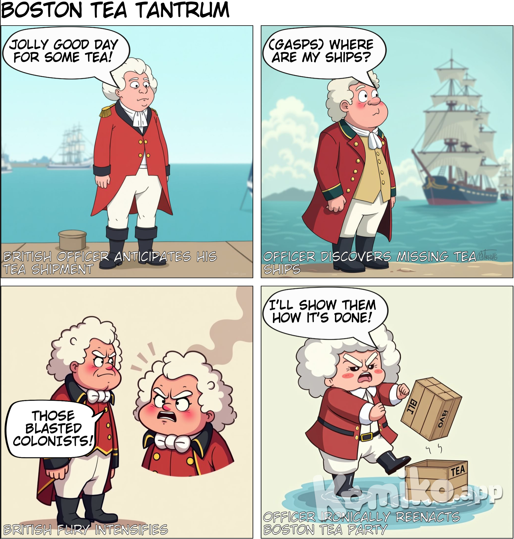The boston tea party focused on the british finding out and their reaction saying with simplified art work with minimal details a
