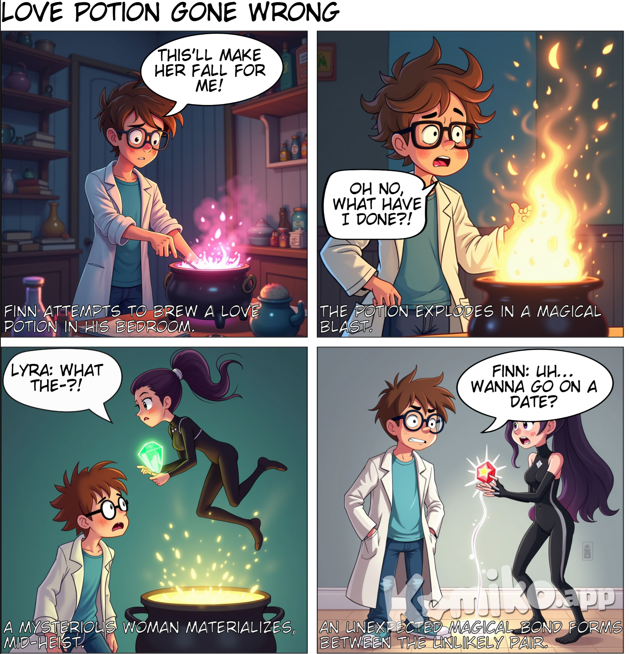 Episode 1: The Mishap Finn, trying to brew a love potion for his crush, messes up the spell and accidentally summons Lyra, who appears mid-heist, holding a glowing gem she just stole. The magical bond between them now prevents her from leaving Finn's side until they “complete their destiny.”