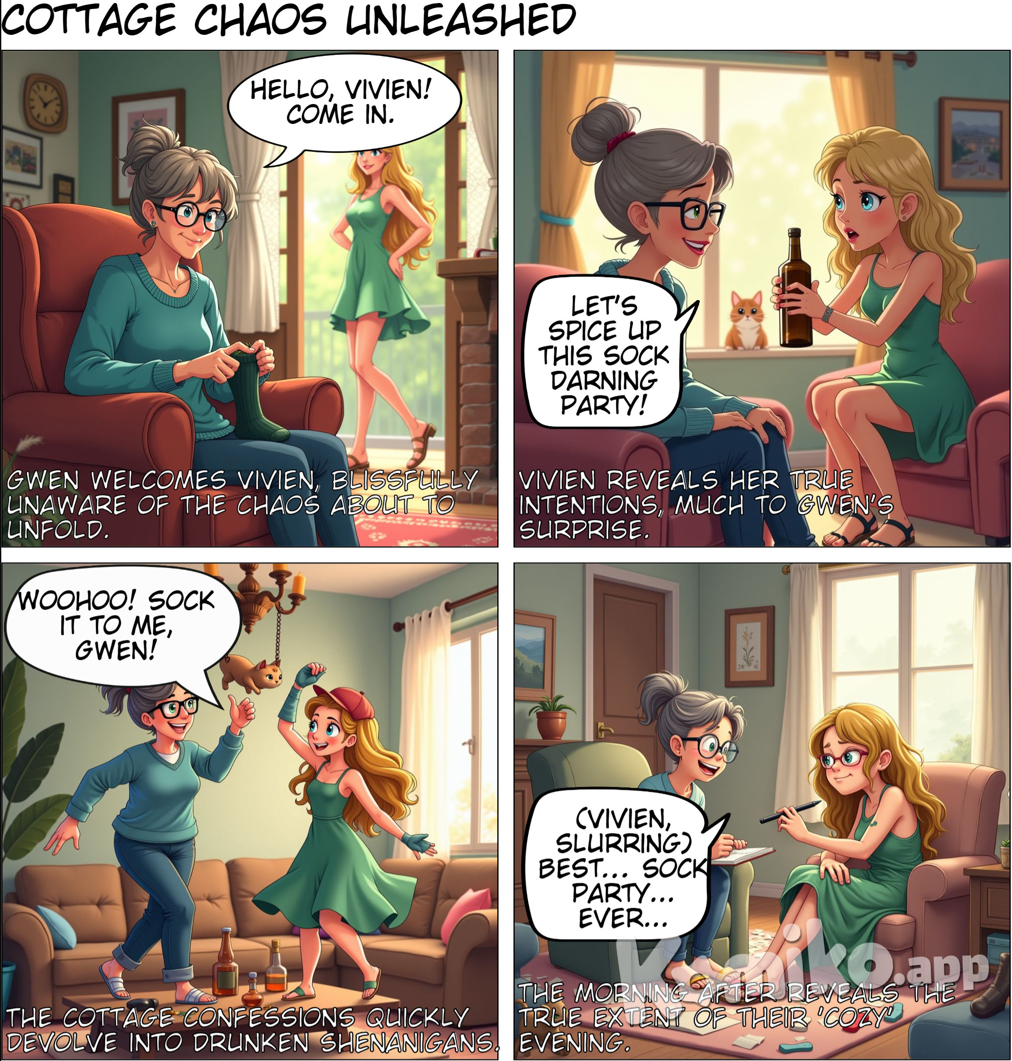 Comic Title: Cottage Confessions Panel 1: Cozy Living Room Background: A warm, inviting living room in a summer cottage in Camelot, Maine. Gwen sits comfortably in a big chair, darning socks, while Vivien stands in the doorway, smiling. Vivien: “Hello, Gwen!” Gwen: “Hello, Vivien! Come in.”