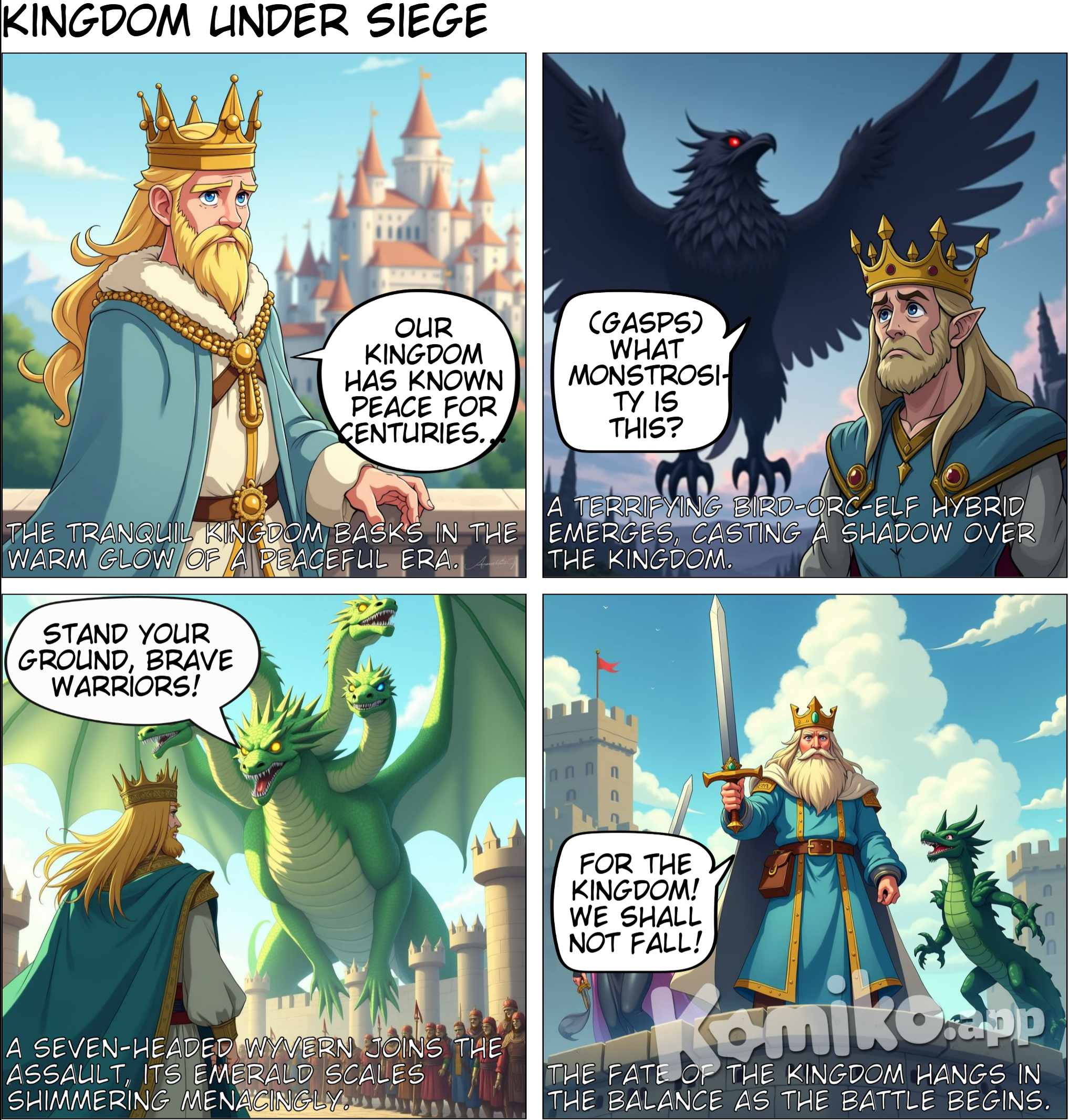 A Kingdom.. The Kingdom being attacked by a large black bird, man-like creature with a combination of an orc and an elf, a green wyvern with seven heads, anime style with soft pastel color and soft lighting