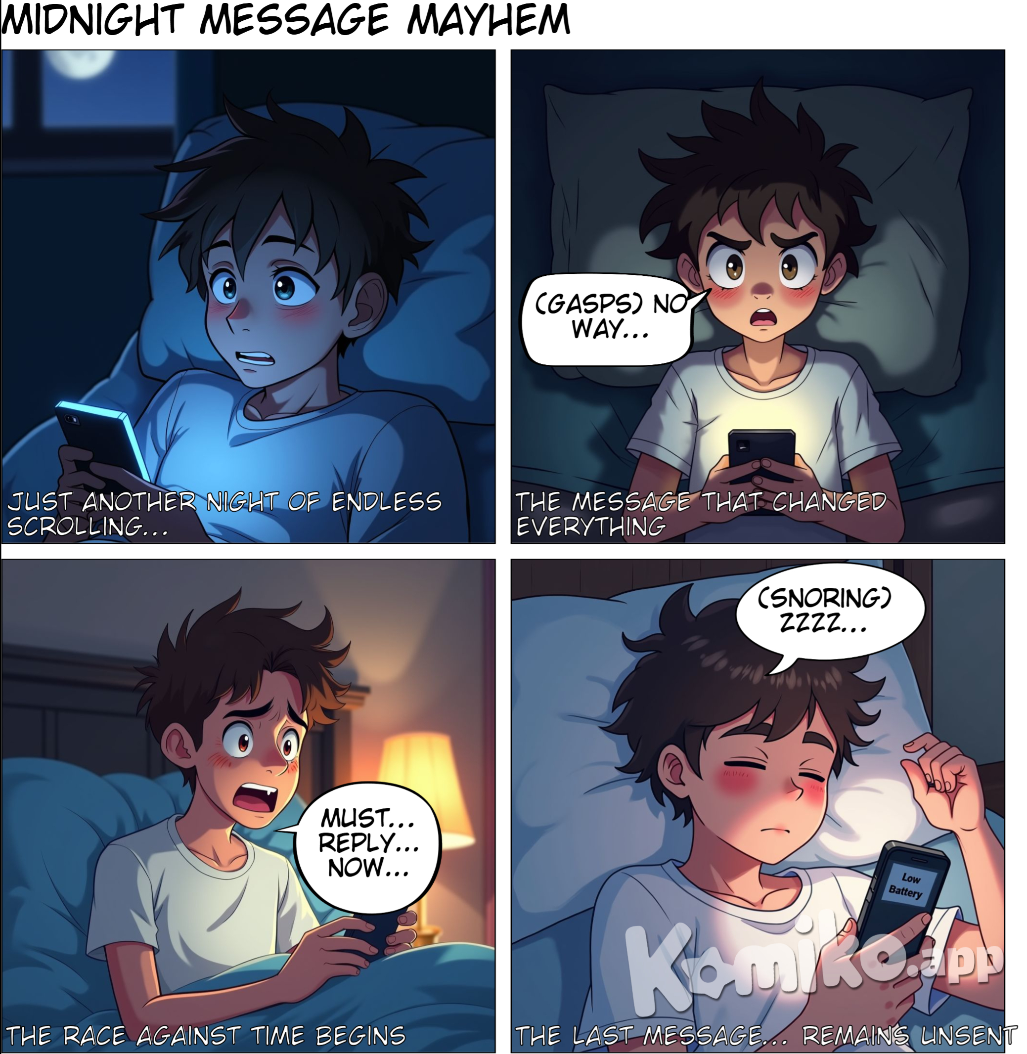 Script: "The Last Message" [Scene 1: Bedroom – Late at night]  Visual: A young man is lying in bed, scrolling on his phone in the dim light. His eyes are heavy, fighting sleep.  Voiceover/Narration (whispering, tense tone): "It was just an ordinary night… until he got the message."