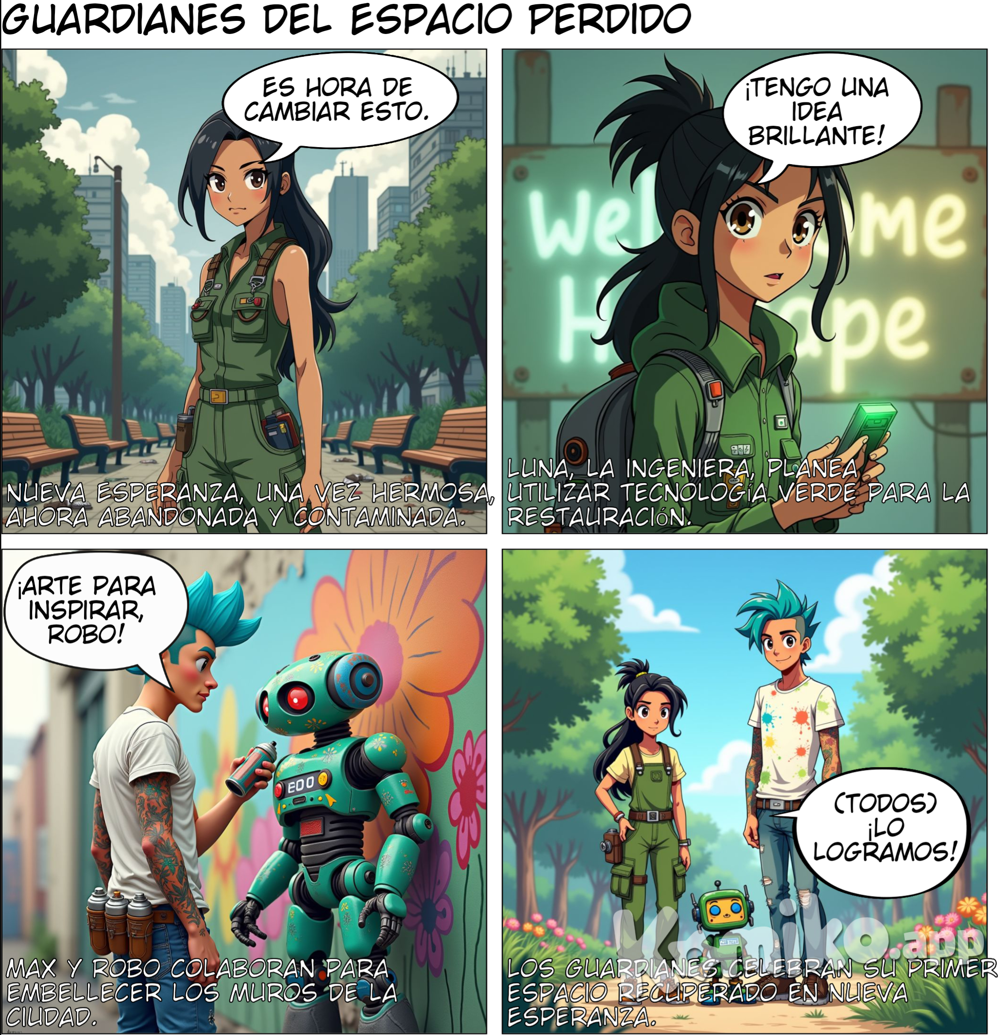 Título: “Los Guardianes del Espacio Perdido”  Sinopsis: En un futuro cercano, la ciudad de Nueva Esperanza ha caído en el abandono. Los parques están llenos de basura, los edificios históricos están en ruinas y la naturaleza ha sido reemplazada por concreto y contaminación. Pero un grupo de amigos decide que es hora de cambiar las cosas y recuperar los espacios perdidos.  Personajes Principales:  Luna: Una joven ingeniera apasionada por la tecnología verde. Max: Un artista callejero con un talento especial para los murales. Tito: Un exjugador de fútbol que ahora es entrenador de un equipo juvenil. Sofi: Una botánica que sueña con llenar la ciudad de jardines y árboles. Robo: Un robot reciclador con una personalidad divertida y un montón de gadgets útiles.