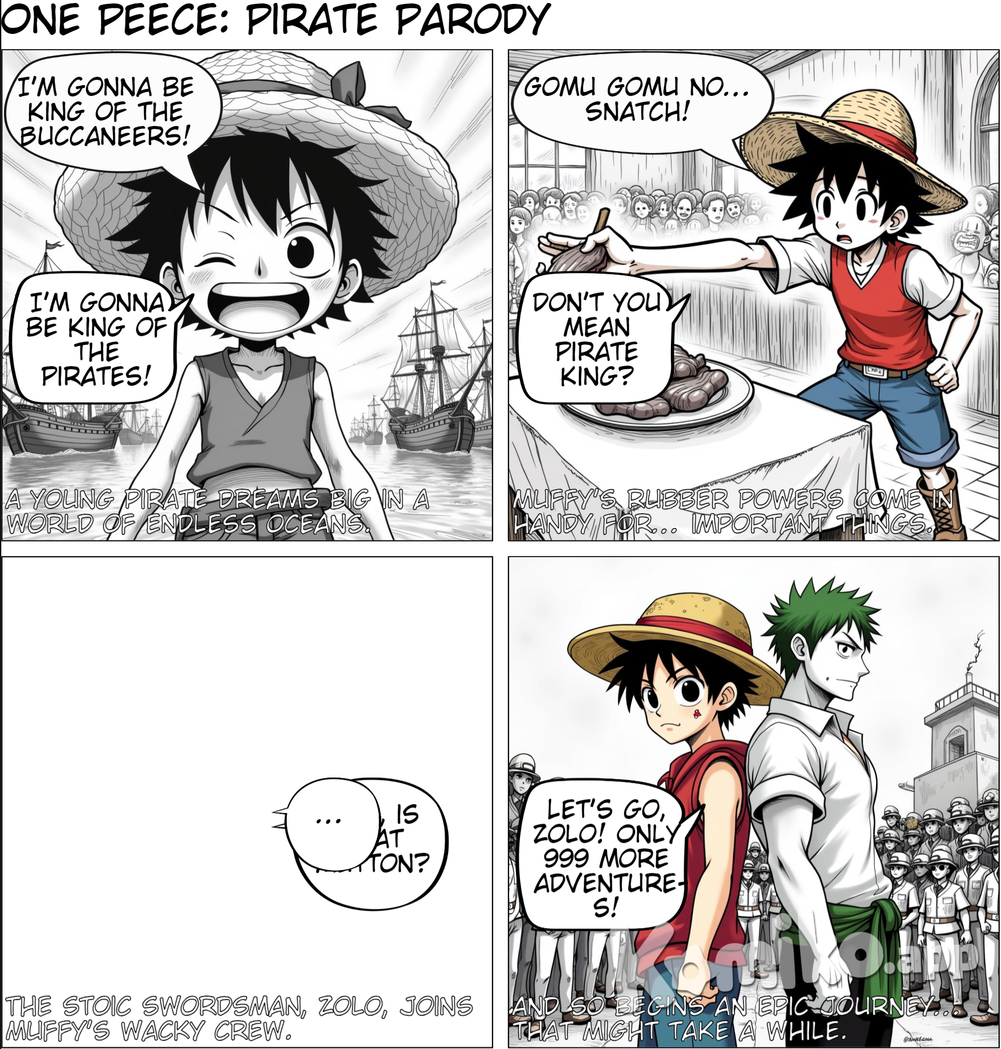 write a story that is 95% like one piece with 1000 episodes 1 episode containing 40 a5 pages