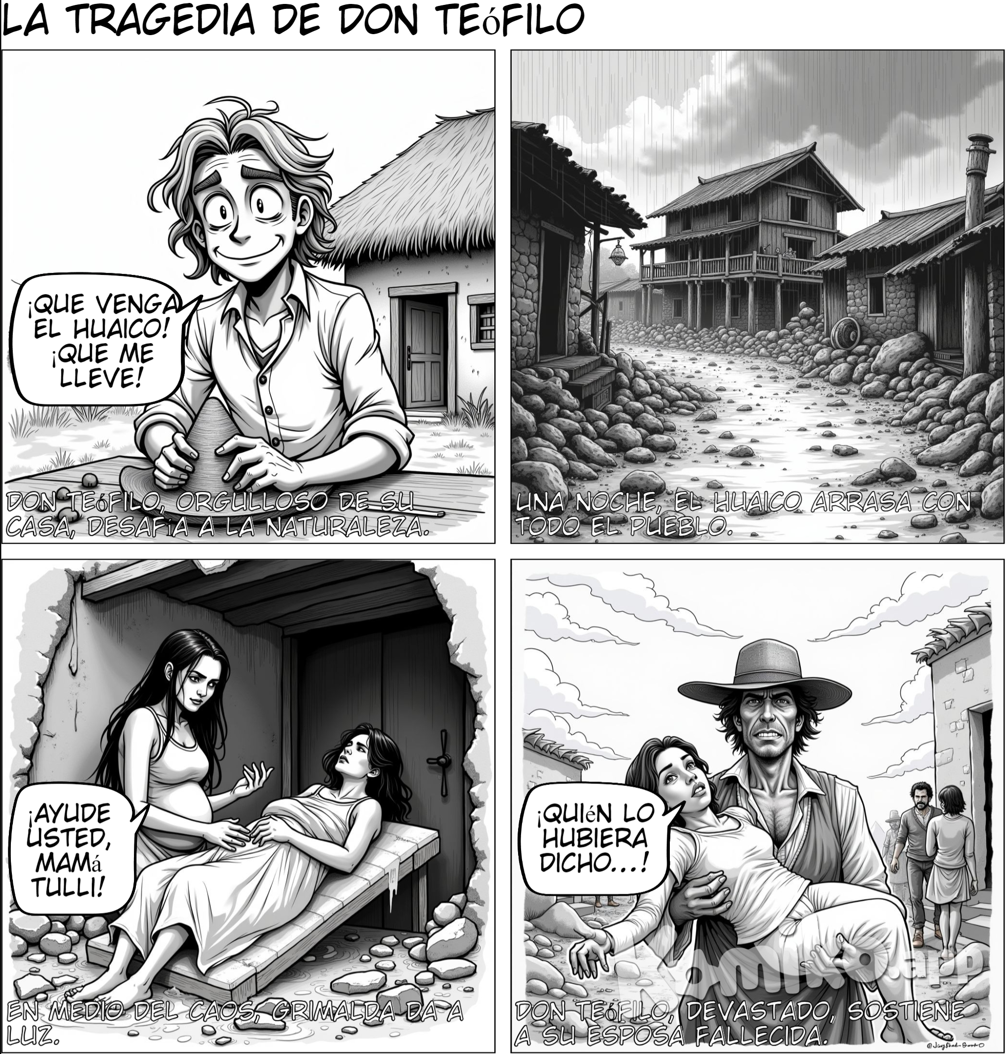 Alrededor de don Teófilo Navarro no queda sino contagiador aire entristecido. Su casa, pura pampa quedó después del huaico —agua de mala entraña— que lo tumbó todo. Los vecinos están medio que están nomás. La mitad se les fue tratando de levantar pared con la mirada y la otra mitad para consolarlo: —Con un poco de voluntad, podrá usted levantarse de nuevo. El caso fue así: Todas las veces de susto le decían: —Don Tofe, haga usted construir muro de piedra a su casa, no sea que el huaico... Pero él se reía con suficiencia, y para decir algo por contestar, repetía: —Que venga el huaico. Que me lleve. De resbaladera acabará la pena. Lo decía por decir porque en el pueblo, con penas y todo, siempre somos felices. Después que levantó su casa, en que hubo apurado trajín para terminar, luego de la techa, en que hubo demorado canto de no acabar con música y zapateo para afirmar el suelo, se hizo tranquilidad. Y como él lo dijo desafiador: —Hasta que otro guapo se atreva, pared y techo contra viento y noche que revienten de impotencia. Fabricaba y componía sombreros. A la puerta de su casa, aguja en mano, sombrero en horma, silbido y canto para rellenar hueco de tarde nostalgiosa, lo veíamos cumplir. En el invierno paz, no en el verano. Medio que se quisquillaba don Tofe mirando temeroso el agua que crecía hasta engrosar el río. Decía: —¡Esto es costumbre! ¿Habrá por qué temer? Muchas veces la campana madrina de la iglesia, en talantalanes de peligro, anunciaba desbordera, y don Tofe, creído, corría que corría para ver. Allí estaba intactita la casa a la orilla del cauce. La noche en que sucedió no podía ser, aunque se hubiese roto el brazo el sacristán o hubiera podido más y rompiera las campanas avisando. Era cumpleaños de doña Adelaida Suárez. No se podía creer. Y más cuando la fiesta había sido con música y la agasajada era persona que estaba bien con Dios. Don Tofe decía: —Beber, beber, que la vida se ha de acabar. Verlo era un gusto, alegre como estaba, a pesar de que la Grimalda, su mujer, con su tremenda barriga, sentada en un rincón censuraba. Primero fue un rumor creciente que llegó, junto con el grito de Julián Mayta que salía corriendo de la huerta: —¡Está entrando agua!.. ¡Está trayendo piedras!.. Muy pocos lo oyeron. En ese instante entró el agua hasta el patio. No debía ser grave la cosa... El agua avanzaba rápidamente como buscando algo. Entonces sí que reaccionamos, aunque de primera intención no se tomó ninguna iniciativa. En la sala de la derecha, ebrios los músicos, sin darse cuenta, bromeaban todavía. Yo comencé a correr sin saber a dónde. Un golpe fuerte en la sala de la izquierda que da al cauce, comprendiendo el peligro, nos puso con la cara seria. Y cuando ya lampón y pico los hombres se disponían, se inundaron las salas y los cuartos. La cocina con sus viejas era un grito de rezos. El agua furiosa sabía de memoria su trabajo, lo que hacía. En un santiamén todo estuvo inundado sobre la altura de los cimientos. En el momento en que los animales salían al escape, las paredes empezaron a ceder. Las mujeres (doña Eulalia Espinoza principalmente) gritaban, clamaban al cielo. Y los hombres lisureaban dándose coraje. No se podía. Era torrente de fuerza. Las paredes del corral vencidas se cayeron. Don Antonio Ebúsquez era el único de carácter que se dejaba oír: —¡Rompan la puerta falsa que da al cauce para desatorar! Pero la lluvia lo atoraba a él, porque era como río que bajaba. En la tiniebla éramos gente oscurecida, loca, como la entraña de esa noche de rayos y de truenos. Al relámpago, apurado seguía bajando el aluvión. Desde el corral, por el patio, al camino, y luego al río bajaba. De la puerta del zaguán quedaban astillas. Vimos a la Grimalda. Subida sobre un batán lloraba a más no poder. Pensaba en Dios con todos sus dolores. De agua, de noche, de viento, fue la tumbadera de la casa de don Tofe. Con gritos de parto también, pues la Grimalda, ayudada por Roque Barrera y subida sobre una mesita que a la vez la contenía contra la pared sobre el poyo, comenzó a descuartizarse. Doña Toribia estuvo felizmente, atendiéndola como pudo. Roque a duras penas contenía la mesa y sostenía también a la Grimalda. Doña Toribia, con las manos de agua terrosa, remangándose el brazo, la asistía. Grimalda se animaba casi quebrándole el brazo al Roque con el esfuerzo: —¡Ayude usted! ¡Ayude usted, mamá Tulli! —Sin embargo, fue como una lucha el nacimiento, mientras el agua amenazaba con derribarnos. Luego doña Toribia, serena como siempre, descorchetán-dose el monillo, cobijó a la criatura que ya gritaba, junto a sus lacios senos. Otro grito fuerte fue como una protesta, pero con el llanto del niño nos renació el valor. A su mamá hubiera podido también reanimarla; no, ella había fallecido antes de oírlo. Total, todo se apagó. Solamente cuando la pena arreciaba, mirando los cimientos lavados que quedaban, pasó la lluvia. El huaico bajó su correntada o habría bajado antes: oíamos un rumor entre violento y tranquilo. En adelante se comenzó a buscar: —¡Don Macshi!.. ¡Mamá Brígida!.. ¡Lázaro!.. Oía su nombre cada cual y cada cual contestaba animándose. Don Tofe, sin haberse enterado todavía, buscaba a su Grimalda. Media puerta del zaguán, inservible, había ido a parar a la chacra de enfrente. Las sillas y ventanas desparramadas. Dice Demetrio López que un cerdo había varado cerca de Vilca- bamba. Los muros y cimientos quedaron débiles. Algunos baúles amarrados al manzano estaban astillados. Allí quedaba también el batán de don Jacinto Navarro, centenaria piedra donde molieron los abuelos. Lo demás y más fuerte se supo cuando don Tofe llegó hasta nosotros, con su mujer muerta en brazos. Detrás doña Toribia con el recién nacido. Esas dos caras fueron para nosotros un ¡golpe! que nunca habíamos sentido. En el velorio, en casa de don Nicolás Arosemena, no se rió por primera vez los chistes de Roque. En un ángulo de la sala, don Teófilo se quejaba. Parecía que el aire de esa mala noche se le había secado en la cara. Eran como furia vencida las huellas de su rostro. Repetía: —¡Quién lo hubiera dicho...! ¡Quién lo hubiera dicho! En fin, la velada fue de razonar pesimista, con ese café consolador apenas. ¡Cómo se recordó la muerte! ¡Cuántos nombres! Eladio Amaro, Fortunato Rojas, Pedro Tintush. ¡Pero nunca desgraciados! —¡Ah, ya se fueron! Se sintió la muerte a muerte. Adentro, hasta los tuétanos como angustia; afuera, en los miembros ateridos, como temblor desconocido. Ni coca ni aguardiente pudieron esa noche. Desde entonces don Tofe, medio vivo, medio fantasma, allí está. —Zurcidor de sombreros —dicen. Mientras, verdeciendo, retoña el valle de la gente que habla por hablar: —¡Caído, con la cara en el suelo! —¡Zurcidor de sombreros viejos!