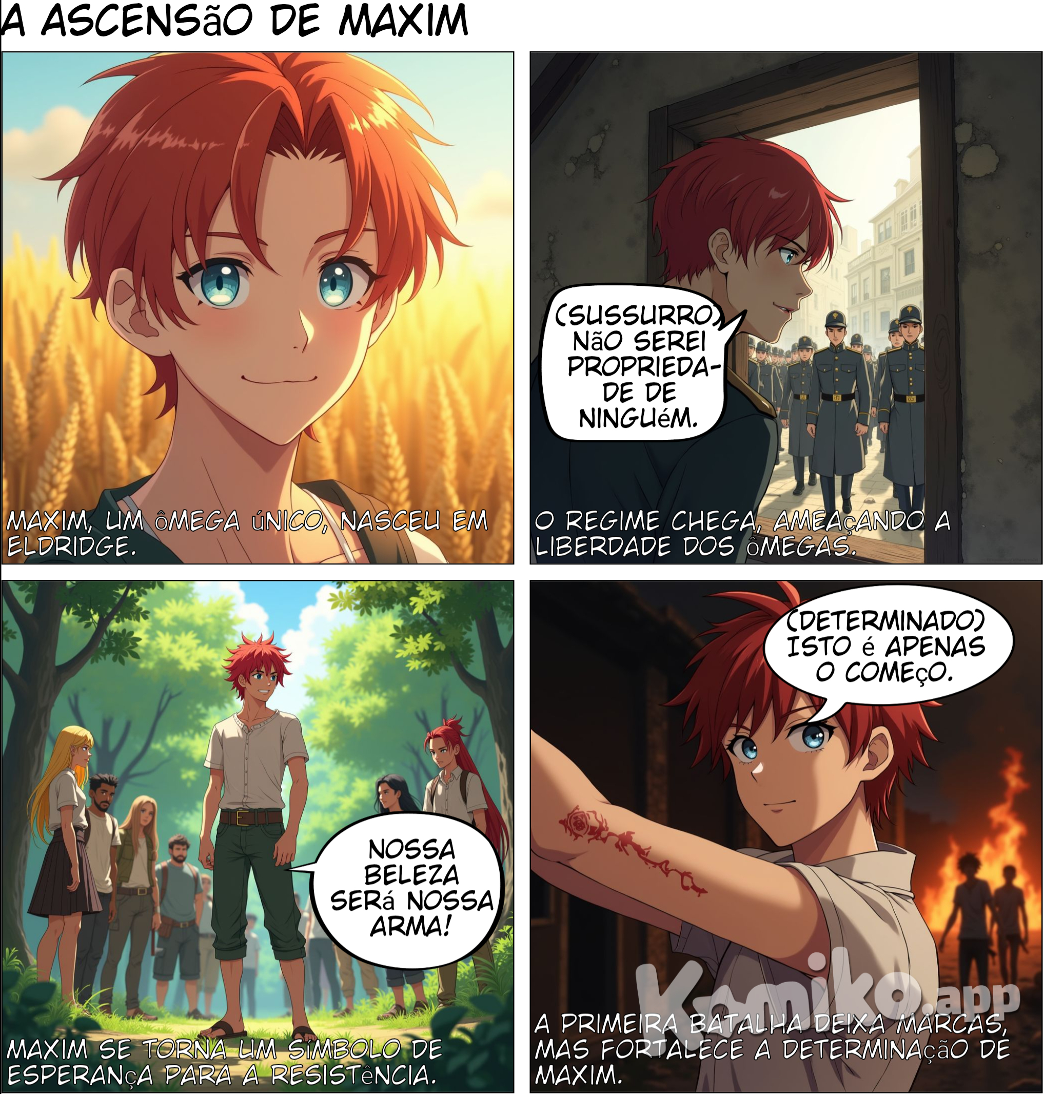 Capítulo 1: A Ascensão de Maxim  O vento do fim da tarde soprava contra os campos dourados de Eldridge, uma cidade esquecida na vasta geografia do Regime. Ali, entre as colinas calmas e o ritmo quase congelado do tempo, nasceu Maxim. Desde cedo, sua aparência o destacava entre os outros meninos. Sua pele clara, quase translúcida, contrastava com os cabelos ruivos, que pareciam dançar sob a luz do sol. Seus lábios, volumosos e de um vermelho natural, sempre desenhavam um meio sorriso que escondia um desafio, mesmo quando criança. No entanto, seus olhos eram a característica mais marcante: um azul cristalino que parecia olhar além do que o mundo podia oferecer.  Naqueles tempos, a discriminação contra ômegas ainda era uma sombra em expansão, um murmúrio que crescia em tons ameaçadores. Maxim, sendo um dos poucos ômegas da aldeia, era tratado com ambivalência. Para alguns, ele era um tesouro raro, uma benção da natureza. Para outros, um peso – algo que, eventualmente, atrairia a atenção indesejada do regime.  Quando Maxim completou 16 anos, tudo mudou. O Regime de Lysanne já dominava as capitais, mas agora estendia suas garras até os confins das províncias. Cada cidade deveria listar e registrar seus ômegas. Ser ômega era ser propriedade do Estado – uma peça do quebra-cabeça controlado pelas mãos impiedosas da autoridade. A chegada do decreto trouxe pânico, e Maxim se tornou o centro de um turbilhão de sussurros.  "Você precisa se esconder." "Se te levarem, nunca mais veremos você." "Não podemos deixá-los te tomar."  Mas Maxim rejeitou essas palavras. Mesmo na adolescência, o fogo em seu peito era maior do que qualquer temor. Sua beleza delicada era só uma máscara para sua força; ele se recusava a ser um símbolo de submissão. Quando os soldados chegaram à cidade pela primeira vez, Maxim os observou de longe, escondido no sótão de uma casa abandonada. O uniforme impecável, os olhos inexpressivos e o som ensurdecedor das botas batendo no solo representavam algo maior: o fim de um mundo livre.  Foi naquela noite que ele soube que não poderia mais ficar. Sua presença era um risco não apenas para ele, mas para todos que o amavam. Sua família o enviou para o norte, com instruções vagas e uma pequena sacola de pertences. Ele viajou por florestas densas e vilarejos desconhecidos, vendo em cada sombra o reflexo do regime. Em cada rosto estranho, imaginava soldados disfarçados. A paranoia o acompanhava, mas também o fortalecia.  Seus passos o levaram ao interior de um campo escondido, onde os boatos de uma resistência fervilhavam entre sussurros proibidos. Homens e mulheres de todas as classes e origens trabalhavam juntos, unidos pela rejeição à tirania. Ali, Maxim encontrou algo que nunca esperara: propósito.  Nos anos seguintes, o jovem ômega tornou-se um nome conhecido entre os rebeldes. A beleza que antes era alvo de olhares longos agora era uma arma. Maxim sabia cativar, sabia observar e, mais importante, sabia como manipular o coração humano. Não com crueldade, mas com uma convicção inabalável. Ele era um símbolo para os que não tinham esperança.  No entanto, ele não era apenas inspiração. Maxim era habilidoso. Aprendeu a lutar, a conduzir resgates arriscados e a arquitetar fugas. Sabia que sua aparência podia ser tanto um escudo quanto uma espada, mas nunca permitiu que os outros confundissem sua delicadeza física com fraqueza.  Havia momentos em que o passado pesava. Em noites solitárias, sob as estrelas, ele se lembrava da família que deixara para trás, dos rostos queridos que talvez nunca mais visse. A dor era constante, mas também era combustível. Cada lágrima que secava em sua pele clara era uma promessa: ele não cairia.  Então, o primeiro confronto veio. Os soldados, alertados por um informante, invadiram um esconderijo da resistência no qual Maxim estava presente. Era noite, mas a lua brilhava com força suficiente para iluminar o rosto dos algozes. Maxim liderou a evacuação, movendo-se entre corredores estreitos, dirigindo ordens com uma calma que desmentia o caos ao seu redor. No fim, foi o último a sair, enfrentando um dos soldados em uma luta que deixou um corte longo em seu braço. A cicatriz permaneceria como um lembrete de que a liberdade exigia sacrifício.  Nas semanas que se seguiram, o nome de Maxim ecoou pelos acampamentos da resistência. Para uns, ele era um fantasma, belo e inatingível, sempre um passo à frente do regime. Para outros, ele era carne e sangue, liderando missões cada vez mais ousadas. Mas, para o Regime de Lysanne, ele era uma ameaça crescente – uma luz que precisaria ser apagada.  Foi essa luz que chamou a atenção de Kain Mercer. O capitão recebeu a ordem direta: capturar Maxim, vivo ou morto. Mas o que nenhum deles sabia era que esse encontro, marcado pelo destino, seria a primeira rachadura no império do Regime – e a batalha mais complexa que qualquer um dos dois enfrentaria.