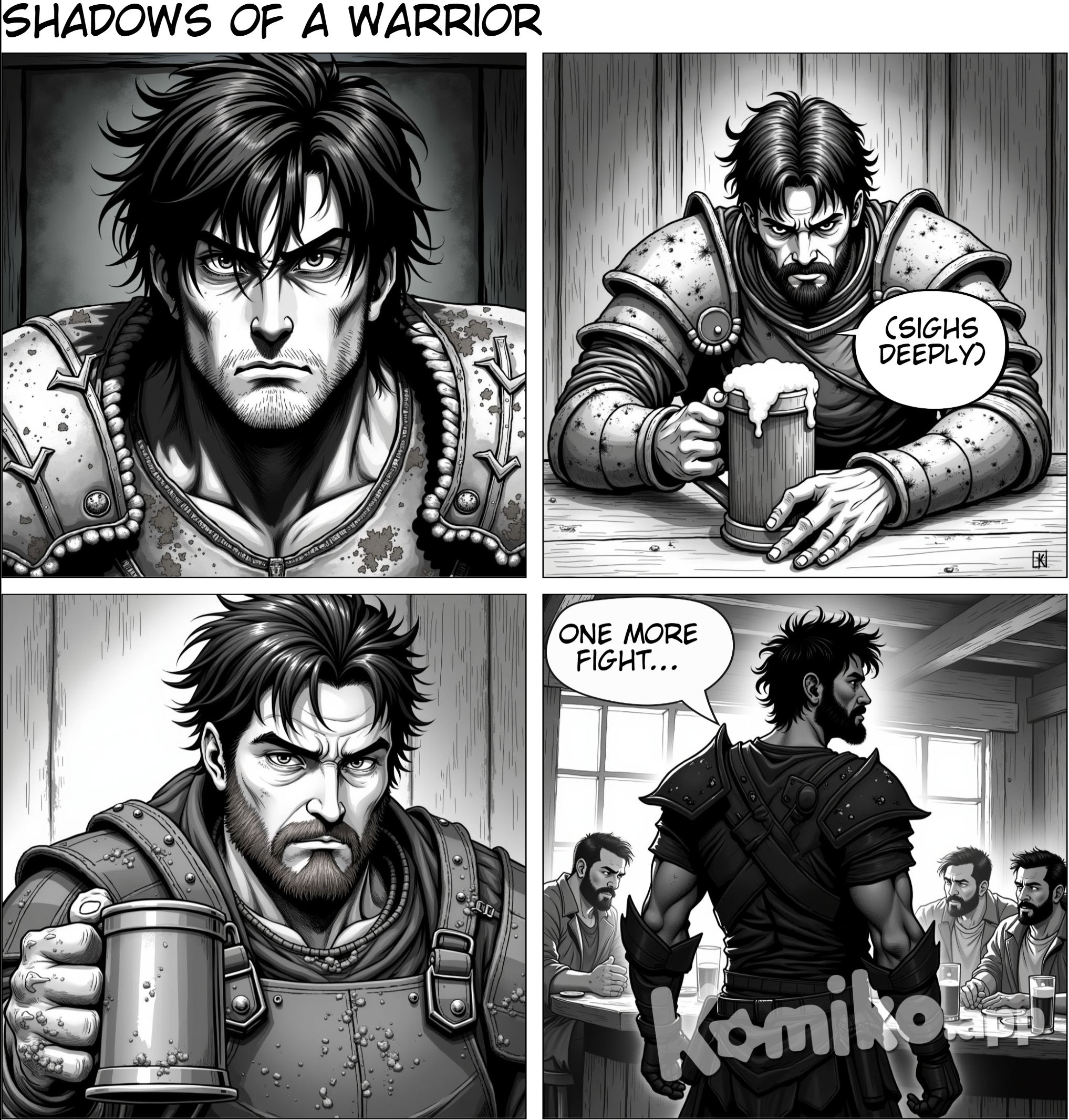 In a dimly lit tavern, Ray Adams sits alone, shrouded in shadow. His rugged figure is worn from battle—mud and dried blood stain his leather armor, torn from countless fights. As he gazes into his tankard, he seems lost in thought, drowning in memories only he understands. The quiet murmurs and clinks of tankards create an odd warmth around him. Ray’s dark, messy hair covers his brow, and his stubbled jaw only deepens his hardened appearance.  He takes a slow sip, savoring the bitterness that settles in his chest, grounding him in the present. Every job, every fight, feels like a piece of revenge, a personal strike in a war he fights alone.