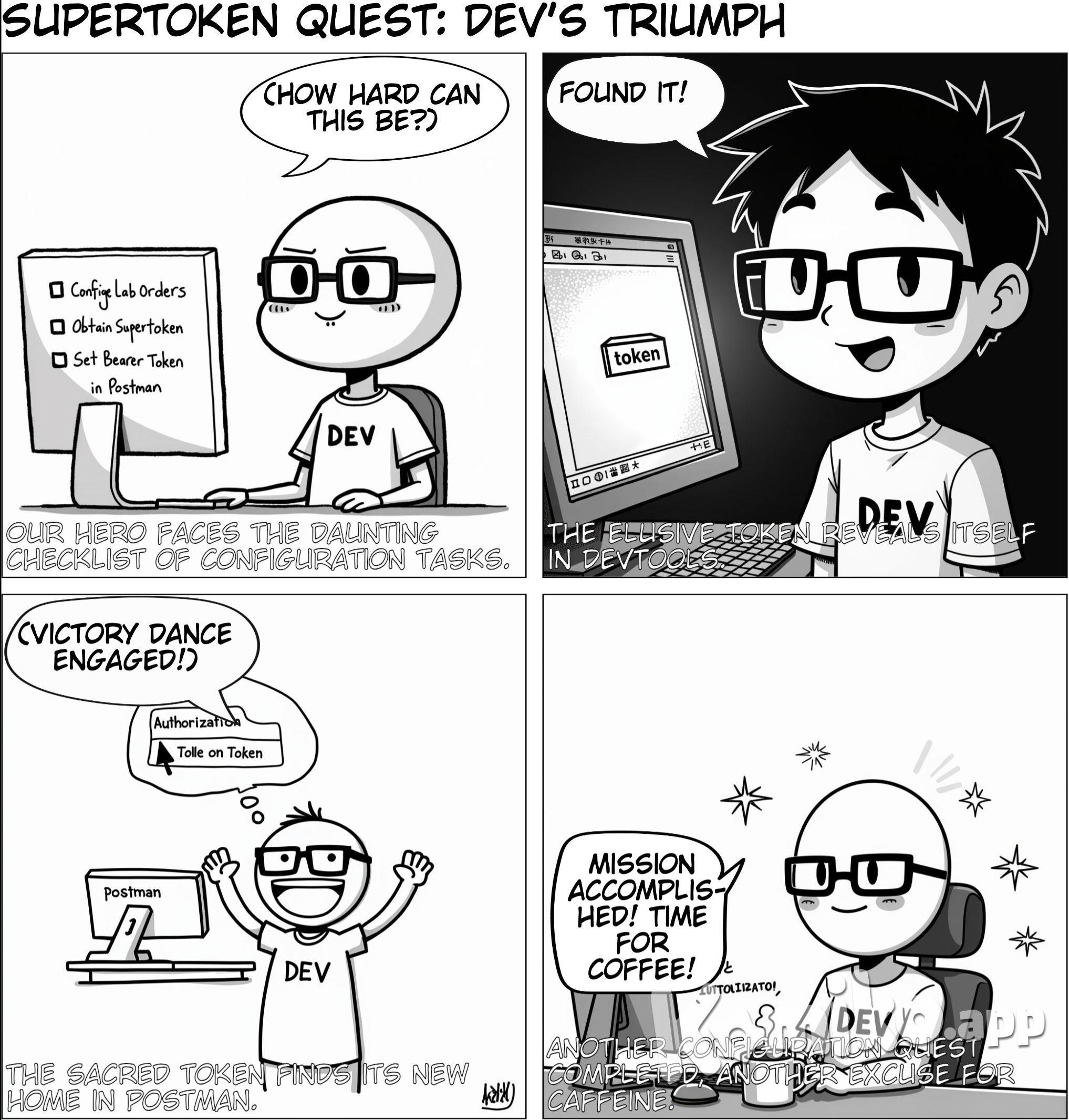A simple 4-panel comic titled 'The Quest for the Supertoken!' featuring a stick-figure developer on a lighthearted journey to configure lab orders and obtain a supertoken. The style is minimalistic with cartoonish, stick-figure characters and basic expressions. Panel 1: The developer sits at a desk looking at a computer screen checklist that says, 'Configure Lab Orders, Obtain Supertoken, Set Bearer Token in Postman.' The developer looks determined, thinking, 'How hard can this be?' Panel 2: The developer opens DevTools in the Admin UI, focusing intensely. A box labeled 'token' glows on the screen like a treasure, and the developer says, 'Found it!' Panel 3: The developer smiles and copies the token, then opens Postman and pastes it in the Authorization tab, looking triumphant. Panel 4: The developer clicks 'Send' in Postman, with the screen displaying 'Authorization Successful!' Small fireworks pop up around the computer, and the developer leans back, thinking, 'Mission accomplished! Time for coffee!' Caption below: 'Another day, another configuration quest completed.'