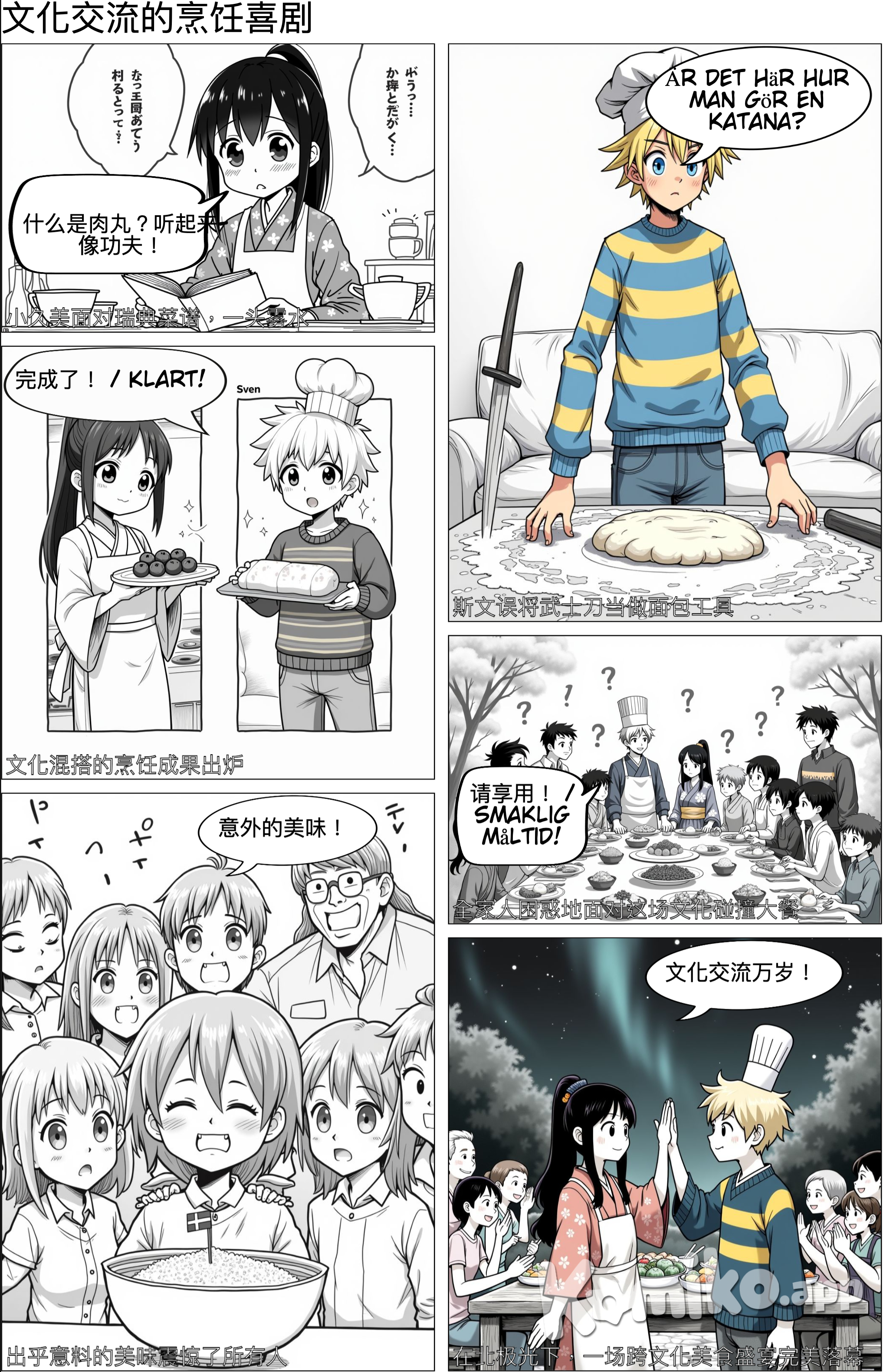 an asian girl with small eyes cooking Swedish dishes in the kitchen. Meanwhile an swedish boy with blue eyes is baking a japanese bread in the livingroom. After that, they have a nice dinner with their big family in their beautiful garden. It is an evening with northern light and shooting stars in the sky.