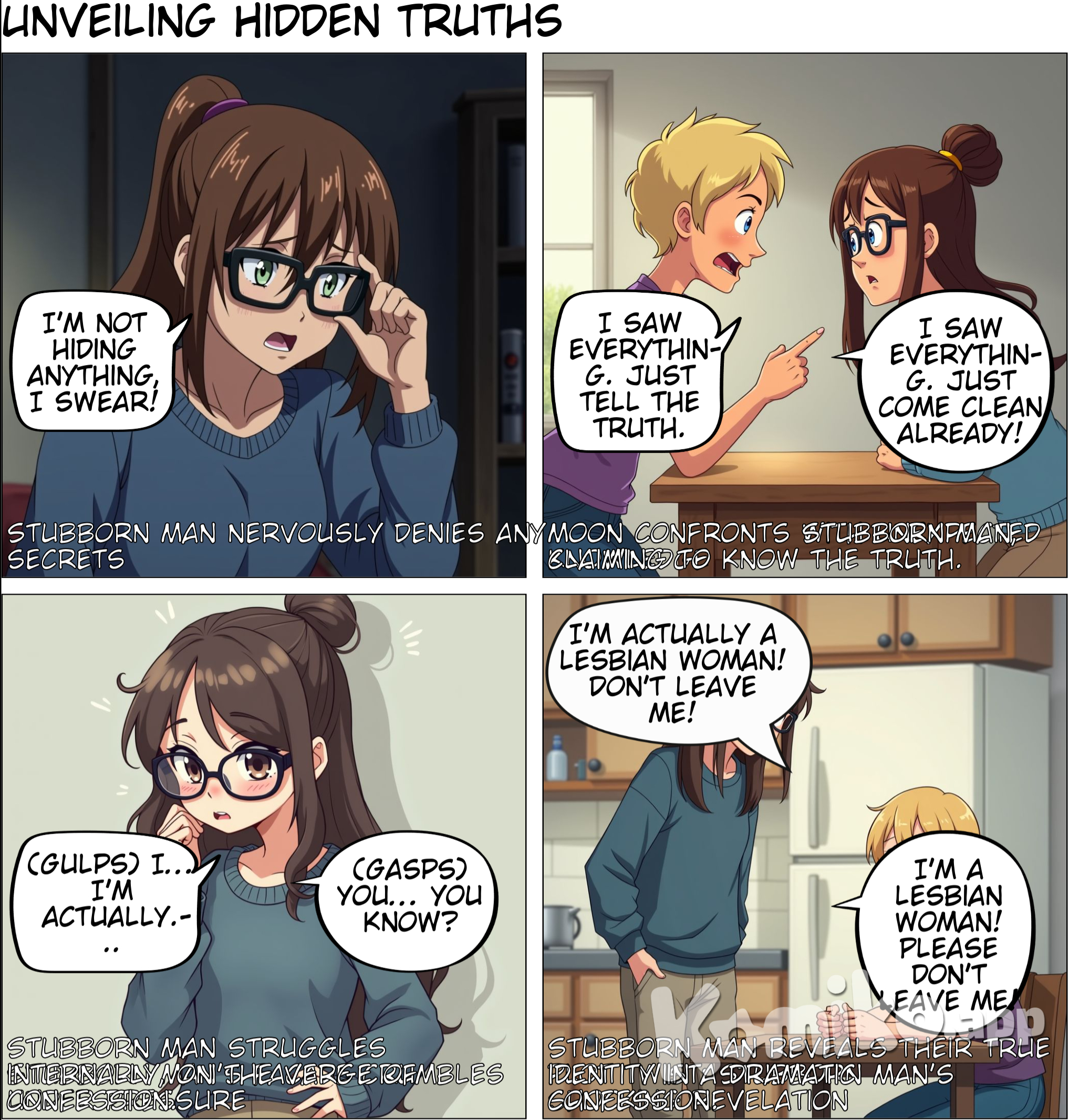 The man is stubbornly denying that he is indeed hiding something. So Moon said that she already knew everything and that she herself saw it, so the man just admitted that he was indeed a woman and that he was just afraid, to tell the truth that he is not a man but a lesbian (wearing reading glasses, long hair tied-up)because he might lose Moon and she wouldn't talk to him anymore.