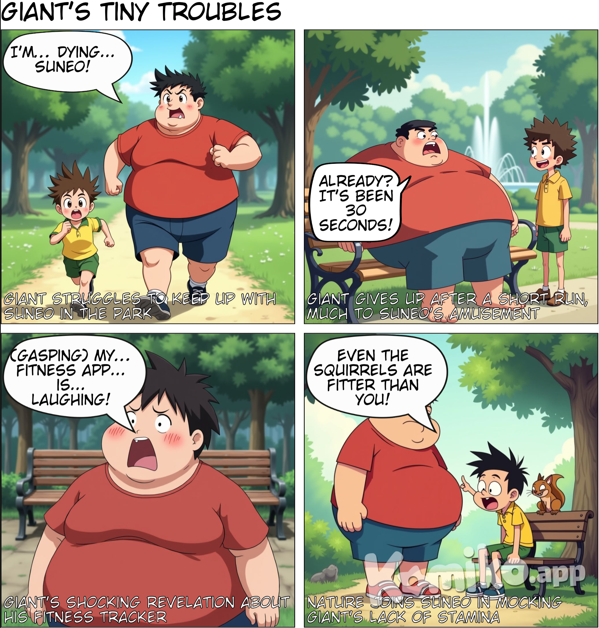 Gaint and Suneo ran in the park and got tired and rested while chatting
