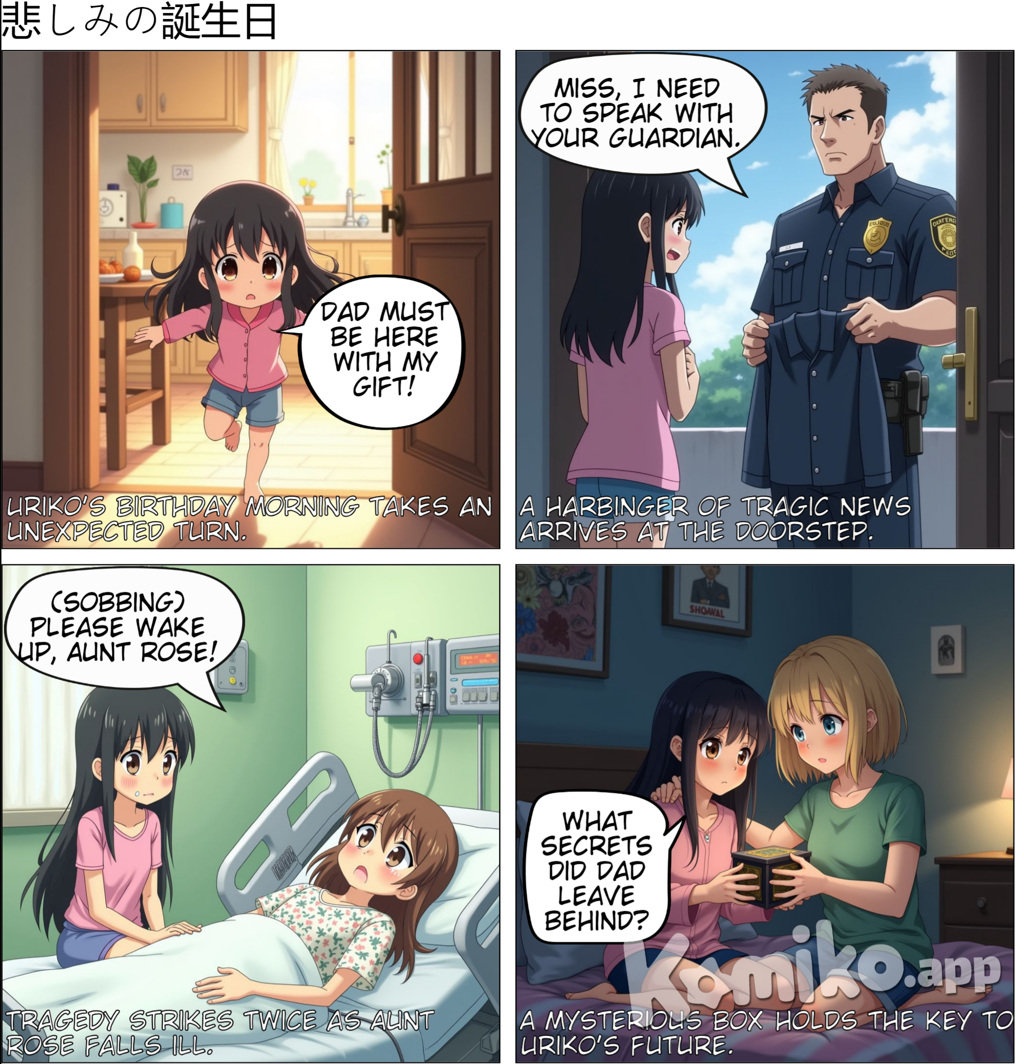 CH.1- A  BAD NEWS  A new normal day for uriko just woke up seeing her aunt making the breakfast and she suddenly remembers that today was her birthday , but she could not see her father in the house , her father was always in the house when there was her birthday this was the first time she couldn’t see her father .  Tring tring !!!!!! bell rang uriko rushed to the door but she didn’t knew a bad news was standing out there . she opened the door  with an innocent smile hoping for her father to stand out there with her gift but there was and officer standing she called her aunt and aunt said her to go to her room but she stood there hiding in a coner and listening. The officer gave her aunt a uniform of her father and told her that MR.Matsumoya was dead in the line of duty.  Aunt felt on the floor and uriko screamed in sadness and pain crying more and more the more the tears fall the more she get sad .   On the other hand aunt couldn’t understand what had happened she just remained silent as if she had nothing left matsomoya was something more than a brother to her aunt he took care of rose from her childhood .  Uriko kept on crying but suddenly she saw aunt fall on the floor she fainted the officer rushed and took her aunt to the hospital uriko also followed him but uriko got very scared cauz she only had two people who were there for her one is dead and one is in a bad codition .  After sometime the doctor came out telling uriko that it was a heart attack . it will take time to heal we will try our best .  Uriko just sat there listening to the doctor but only seeing the floor . the doctor said to uriko you have to submit the surgery amount for your aunt so can you bring it cauz without that we cant proceed the operation uriko stood her head up and said I cant I only have her my father is dead and I don’t have any other relative doctor said sorry but without fees we cant proceed its our rules .  Then uriko started crying then out of somewhere the officer appeared and said I will pay the amount you start the operation and he looked at uriko and gave her a box of his father and said your father said me to give it to you he was a good man and a good friend and don’t worry your aunt will be fine uriko got a small hope and stopped crying uriko tried to open the box but she couldn’t then officer said its key is at your house some sort of secret place of your dad he told me this before dying then uriko tried to remember the place the officer was trying toconvey she took a minute and suddenly remembered that place was store room that dad always kept a secret from me and aunt .   But  that room was always locked and its key only father knows where it was kept uriko rushed to home of kori and told everything with dark circles under her eyes cauz of crying she told kori to help find the key of this box maybe it has some sort of secret that his father wanted her to know. Kori couldn’t understand and then rapidly asked is your aunt fine where is she you didn’t tell me anything about her then uriko remembers that first she has to take care of her aunt she kori about her condition she also told kori about the officer who helped .  Uriko said to kori we will find the key when my aunt will be fine my first priority would be to take care of my aunt than uriko headed her way to the hospital kori said that I will also come there and take care of her.  Uriko said no need but kori said no matter how much time you say I will follow you I don’t want you to come to my house and stay making my life hell so I want your aunt to live so that for my own greed you understand now common move it we don’t have time we have to take care of her move it move it kori gave a beautiful smile on her face . Kori screamed are you going to stand there for whole of your life uriko said coming now follow me and show me the way there.  Uriko said coming LETS GO !!! . when they reached the hospital they saw rose was asleep it was fast then exepted uriko said they sat beside their aunt, aunt saw uriko and said your father matsumoya was like my everything more than a brother a father a mother and a protector he raised since when our parents passed away they also worked for government your father got the job from your grandfather he gave me a key and said that I should give it to you when he is dead we didn’t knew that time will come so fast .  Uriko kept her hand on aunts mouth and said you should first take rest we will talk about this topic later . aunt looked at uriko’s hand she was holding the bed super tight aunt knew that why she was doing that she was controlling all the tears and sadness . aunt got up from the bed and hugged uriko and said its sometimes better to let go of pain rather controlling it and I think you shouldlet it go we cant change anything now , uriko exploded with tears and kori just seeing her state could not control herself and she also started crying. Aunt  slapped both of them and screamed you both stop crying like a baby you both have to be brave girls this is a big tradgedy for all of us but you will face even bigger than this so be brave I will not be here forever rose coughed uriko said I will be strong no matter what kori I also will be and then uriko said now take rest doctor came in and said guess what uriko your aunt reports are superb she will be discharged by tomorrow morning so now let her take rest so that she heals fast .  Aunt asked kori that if she could uriko to live with her for one night kori replied even if you wouldn’t have asked me I would have grab her ears andtakke her to my house rose gave a smile and said thank you . then doctor said you should leave now let her take rest they both left . kori and uriko headed to kori’s home and kori’s mother toka served the food with love to uriko and kori both made uriko comfortable uriko wasn’t eating the food . so kori’s mother took the food and made her eat with her hands uriko felt really nice then they got to bed and slept.  Finaly  uriko’s aunt was discharged from the hospital and was better than before she went to kori’s home thanked them for all their help grabed uriko’s hand and they both went home aunt gave her the key .  Urikos was wondering that what could be in the box that father wanted her to know only when he was dead lot of questions were in her mind which only could be answered when the box was opened……………………………..