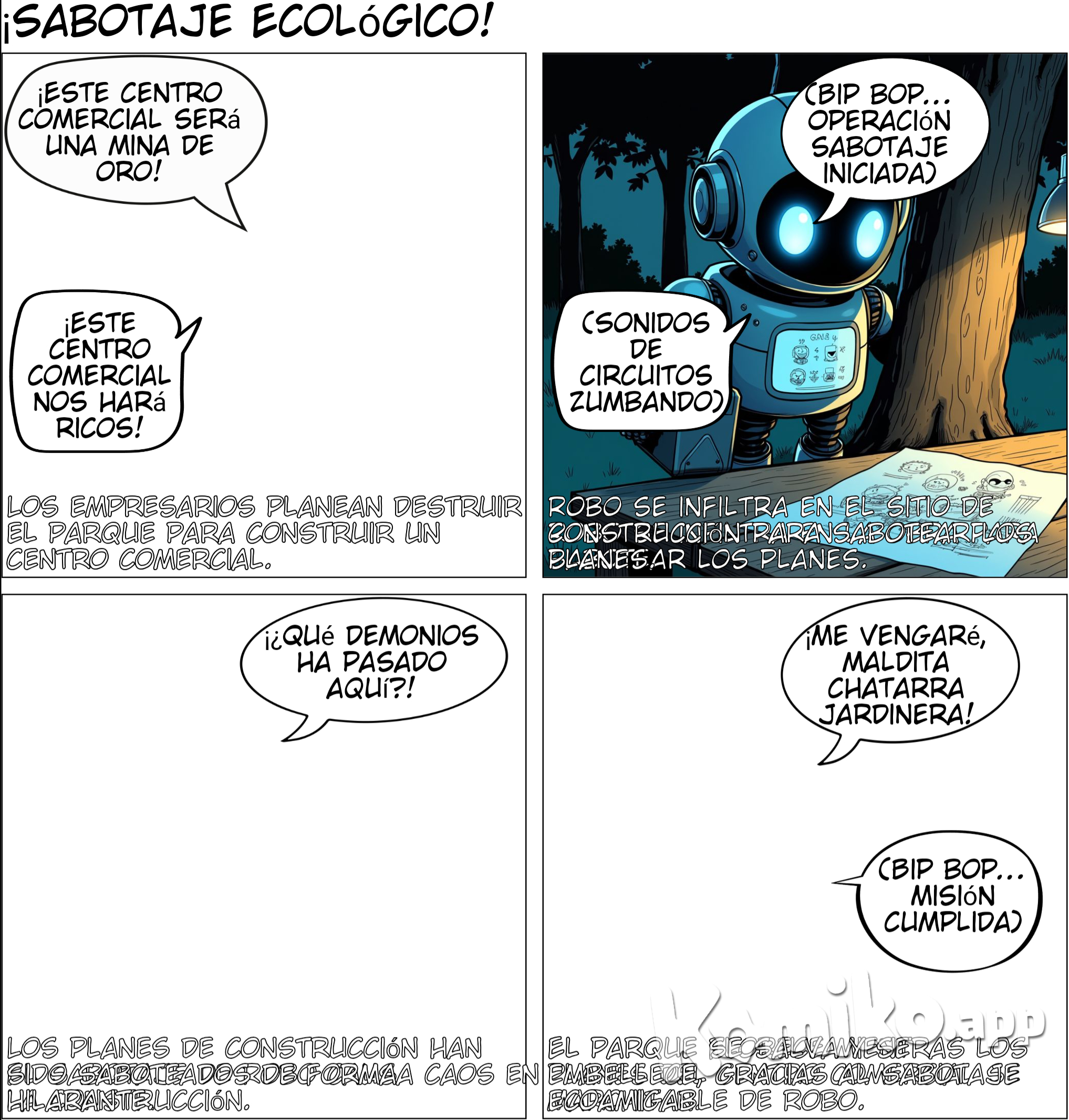 El Primer Obstáculo El equipo se enfrenta a su primer desafío: un grupo de empresarios que quieren convertir el parque en un centro comercial. Con la ayuda de Robo, logran sabotear los planes de construcción y comienzan a limpiar el parque, plantando árboles y flores. ( Mantener los personajes de la historia anterior)