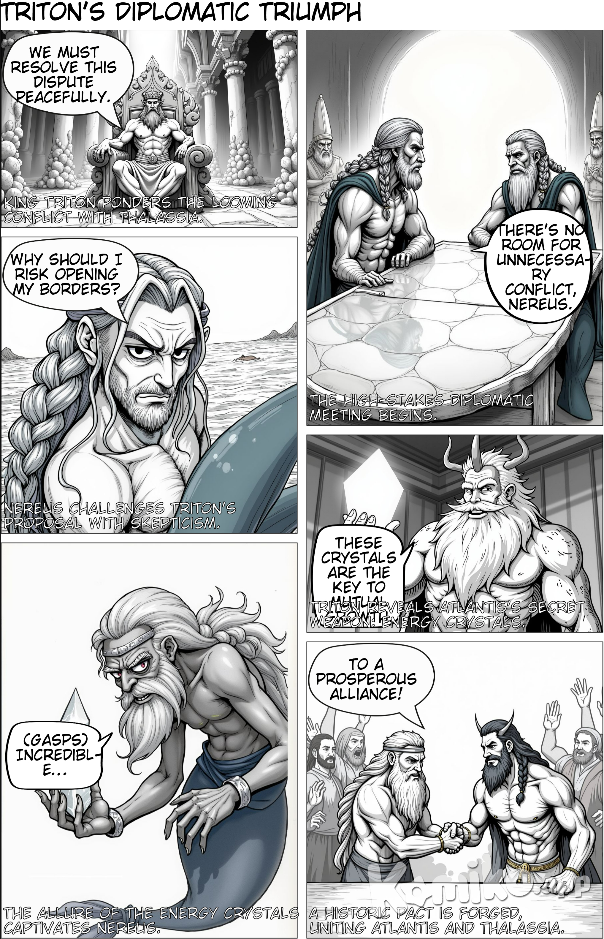  **Triton's Justice: A Tale of Diplomacy Under the Waves**   **Plot**: King Triton proves his mettle as a wise and strategic ruler by resolving a critical border dispute between Atlantis and the neighboring water kingdom, Thalassia.    **Backdrop**: The undersea kingdoms, known for their dazzling beauty and strategic trade routes, are at the brink of a conflict over border trade disagreements. The stakes are high, as both kingdoms stand to lose prosperity and peace.    **Key Scene**:   King Triton, the noble ruler of Atlantis, convenes a high-stakes diplomatic meeting with Thalassia's skeptical leader, Nereus. The atmosphere crackles with tension.    **Dialogue Highlights**:   Triton (calmly, with authority):   “There is no room for unnecessary conflict between Atlantis and Thalassia. As guardians of the seas, our unity is our strength. Fighting each other only weakens what we are sworn to protect.”    Nereus (leaning back, skeptical):   “Fine words, Triton. But tell me, why should I risk opening my borders for your benefit? What do I gain from this?”    Triton (smiling confidently, leaning forward):   “You’ve heard of Atlantis' energy crystals, haven’t you, Nereus? These crystals are not just a source of power but a foundation for mutual growth. By sharing them, we ensure prosperity for both our kingdoms and reinforce our role as protectors of the seas.”    **Resolution**:   Triton’s wisdom and the allure of Atlantis’ energy crystals sway Nereus. After a moment of contemplation, the Thalassian leader nods in agreement. A historic pact is forged, marking the beginning of a prosperous alliance and proving Triton’s skill as a leader and diplomat.    **Key Themes**: Diplomacy, Unity, and Strategic Leadership.   **Tone**: Inspirational, Regal, and Tense.  