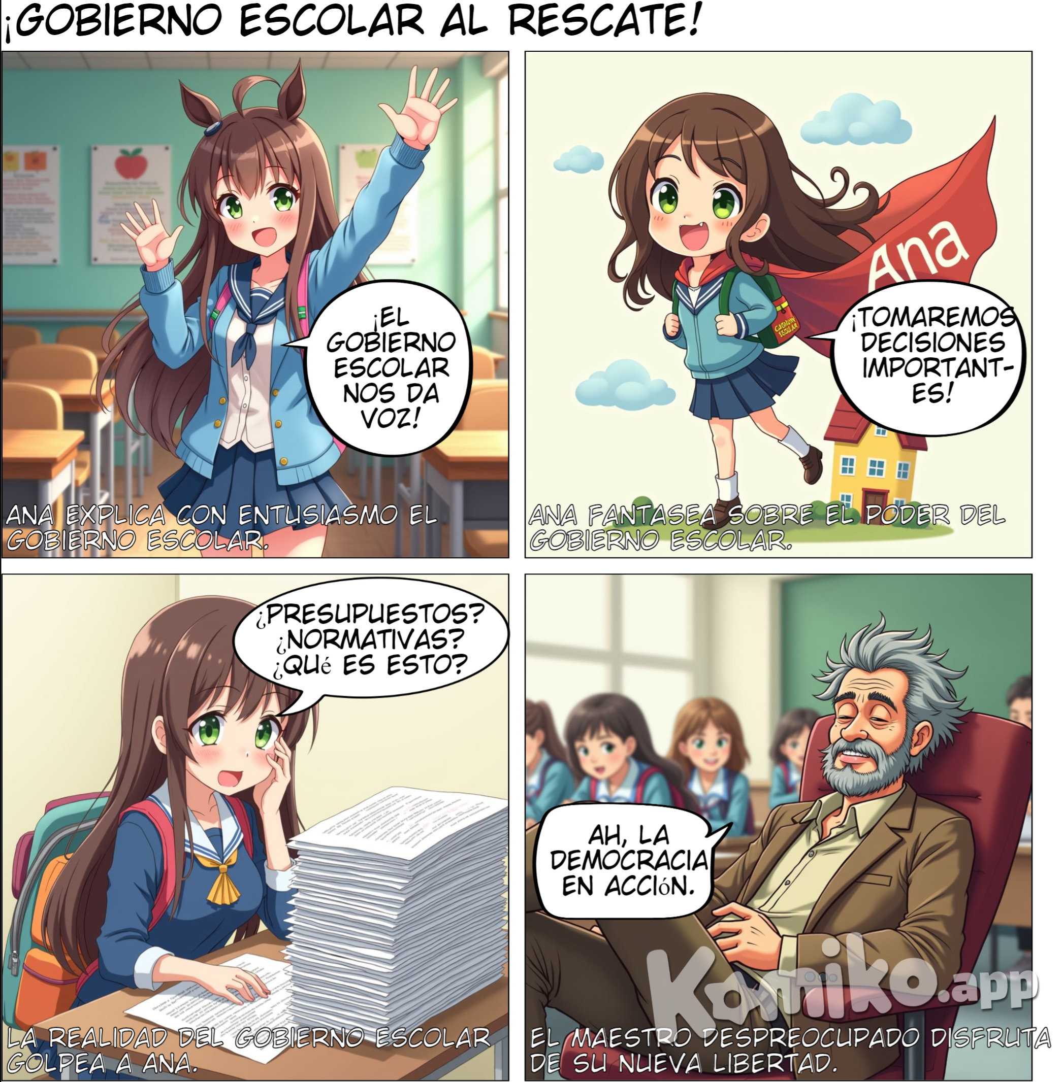 Ana, una estudiante, responde con entusiasmo, explicando que el gobierno escolar es un grupo de estudiantes que ayuda a tomar decisiones en la escuela.
