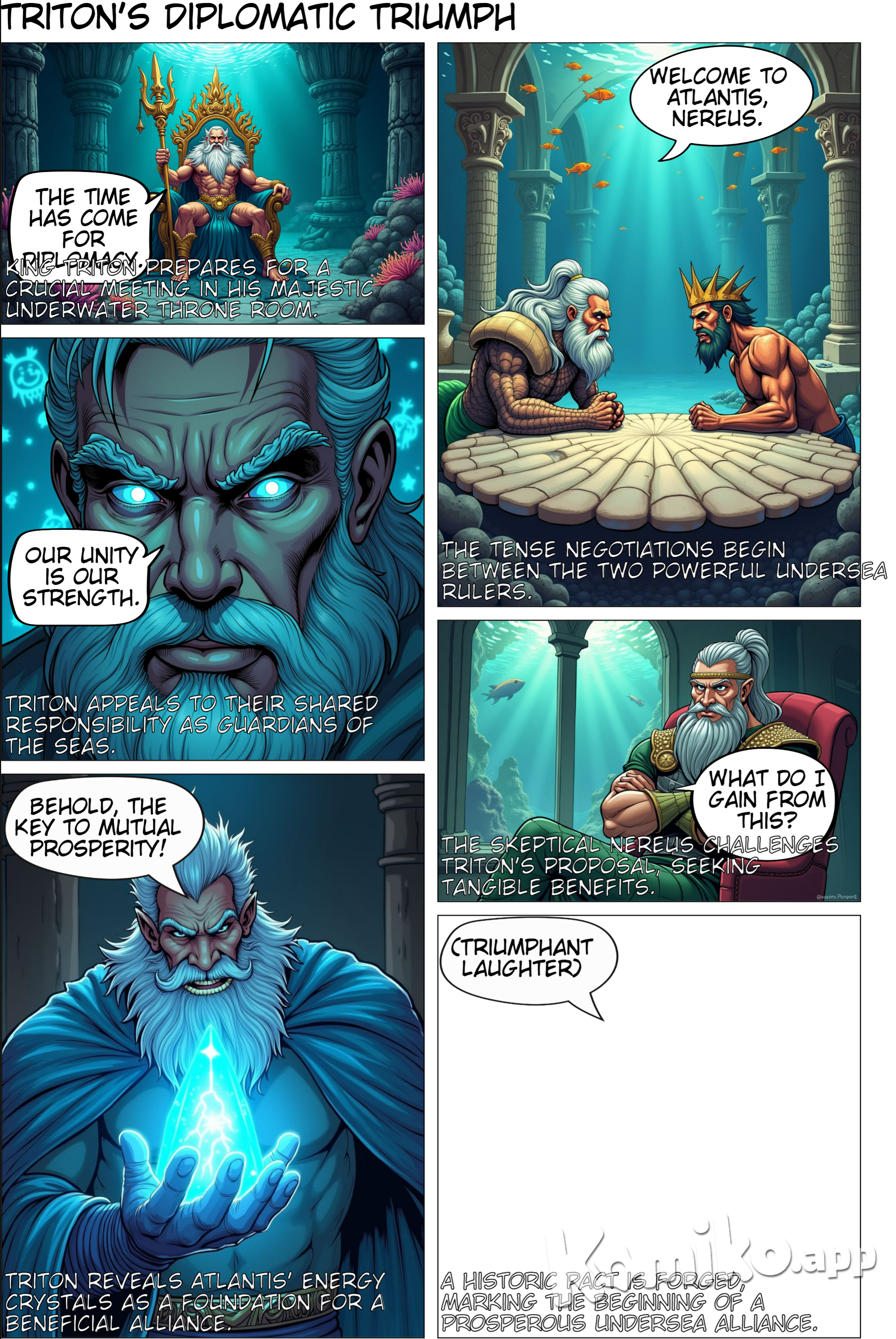  **Triton's Justice: A Tale of Diplomacy Under the Waves**   **Plot**: King Triton proves his mettle as a wise and strategic ruler by resolving a critical border dispute between Atlantis and the neighboring water kingdom, Thalassia.    **Backdrop**: The undersea kingdoms, known for their dazzling beauty and strategic trade routes, are at the brink of a conflict over border trade disagreements. The stakes are high, as both kingdoms stand to lose prosperity and peace.    **Key Scene**:   King Triton, the noble ruler of Atlantis, convenes a high-stakes diplomatic meeting with Thalassia's skeptical leader, Nereus. The atmosphere crackles with tension.    **Dialogue Highlights**:   Triton (calmly, with authority):   “There is no room for unnecessary conflict between Atlantis and Thalassia. As guardians of the seas, our unity is our strength. Fighting each other only weakens what we are sworn to protect.”    Nereus (leaning back, skeptical):   “Fine words, Triton. But tell me, why should I risk opening my borders for your benefit? What do I gain from this?”    Triton (smiling confidently, leaning forward):   “You’ve heard of Atlantis' energy crystals, haven’t you, Nereus? These crystals are not just a source of power but a foundation for mutual growth. By sharing them, we ensure prosperity for both our kingdoms and reinforce our role as protectors of the seas.”    **Resolution**:   Triton’s wisdom and the allure of Atlantis’ energy crystals sway Nereus. After a moment of contemplation, the Thalassian leader nods in agreement. A historic pact is forged, marking the beginning of a prosperous alliance and proving Triton’s skill as a leader and diplomat.    **Key Themes**: Diplomacy, Unity, and Strategic Leadership.   **Tone**: Inspirational, Regal, and Tense.  