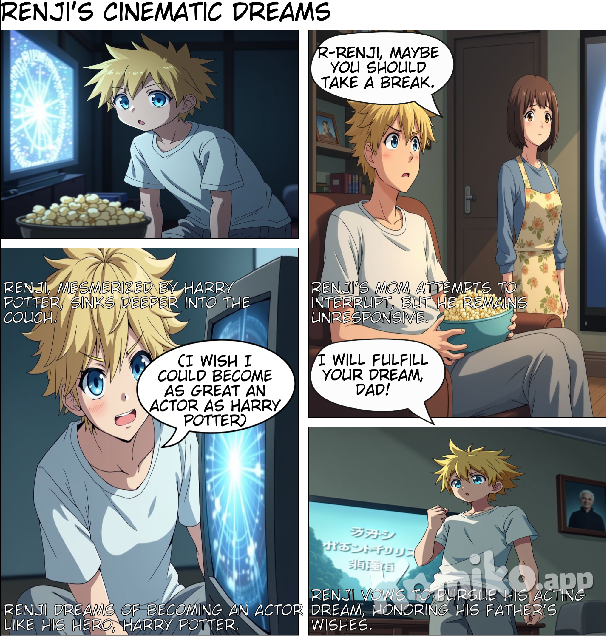 Renji Akazawa, an 18 year old imaginative boy has sunk into the couch watching the new Harry Potter movie.The last one came out and he had been watching for about an hour.  The buttery popcorn aroma fills the air, not noticing his mom urging him to take a break.¨R-renji, maybe you should take a break.¨ his mom stuttered. But itś like nothing happened, he didn't even move a limb. Renji responds to his mom with his blonde hair and blue eyes¨I wish I could become as great of an actor as Harry Potter is. Even if all of his stunts and deadly adventures are fake, they just seem so real,¨he thought to himself.¨I will try my hardest to fulfill your dream, Dad,¨ he thought.