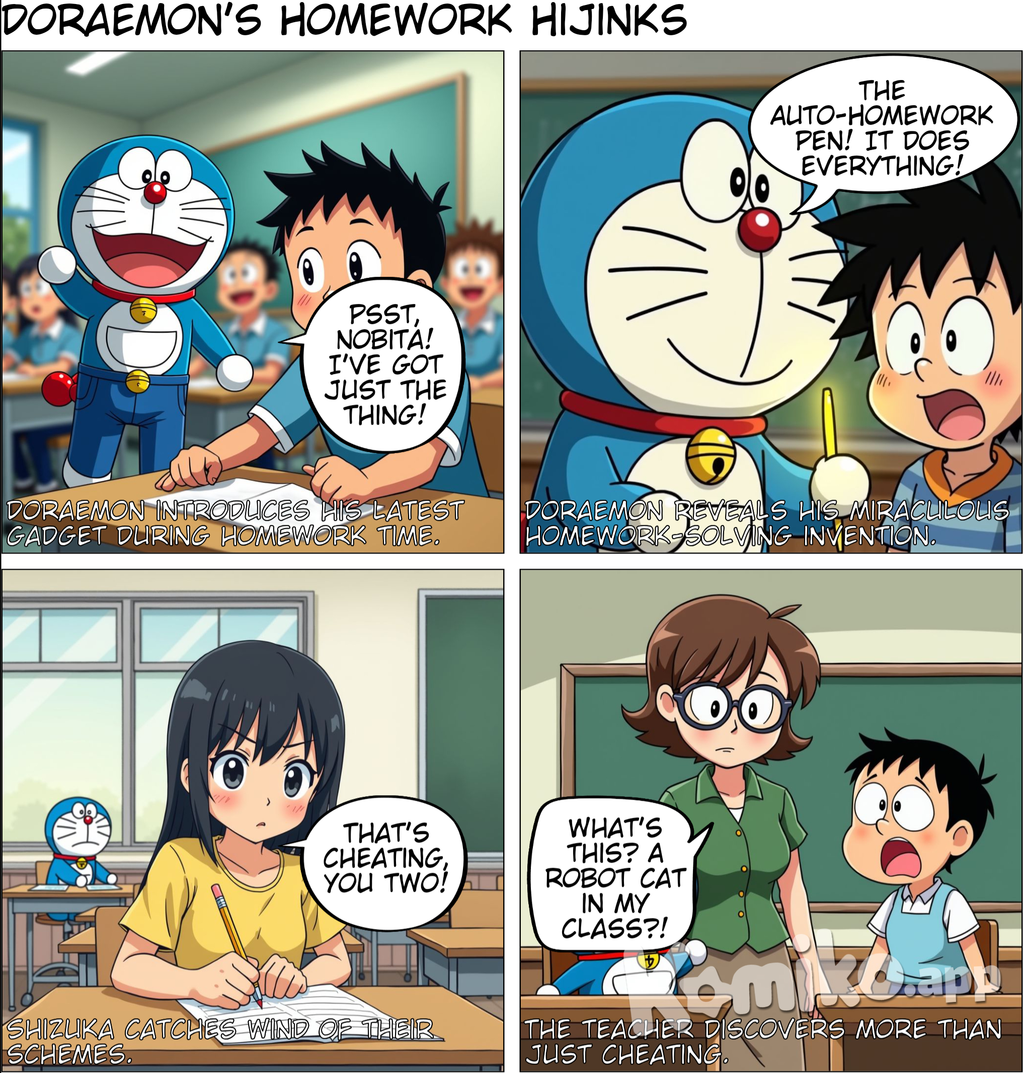 Doraemon and his friends chat in class while doing homework