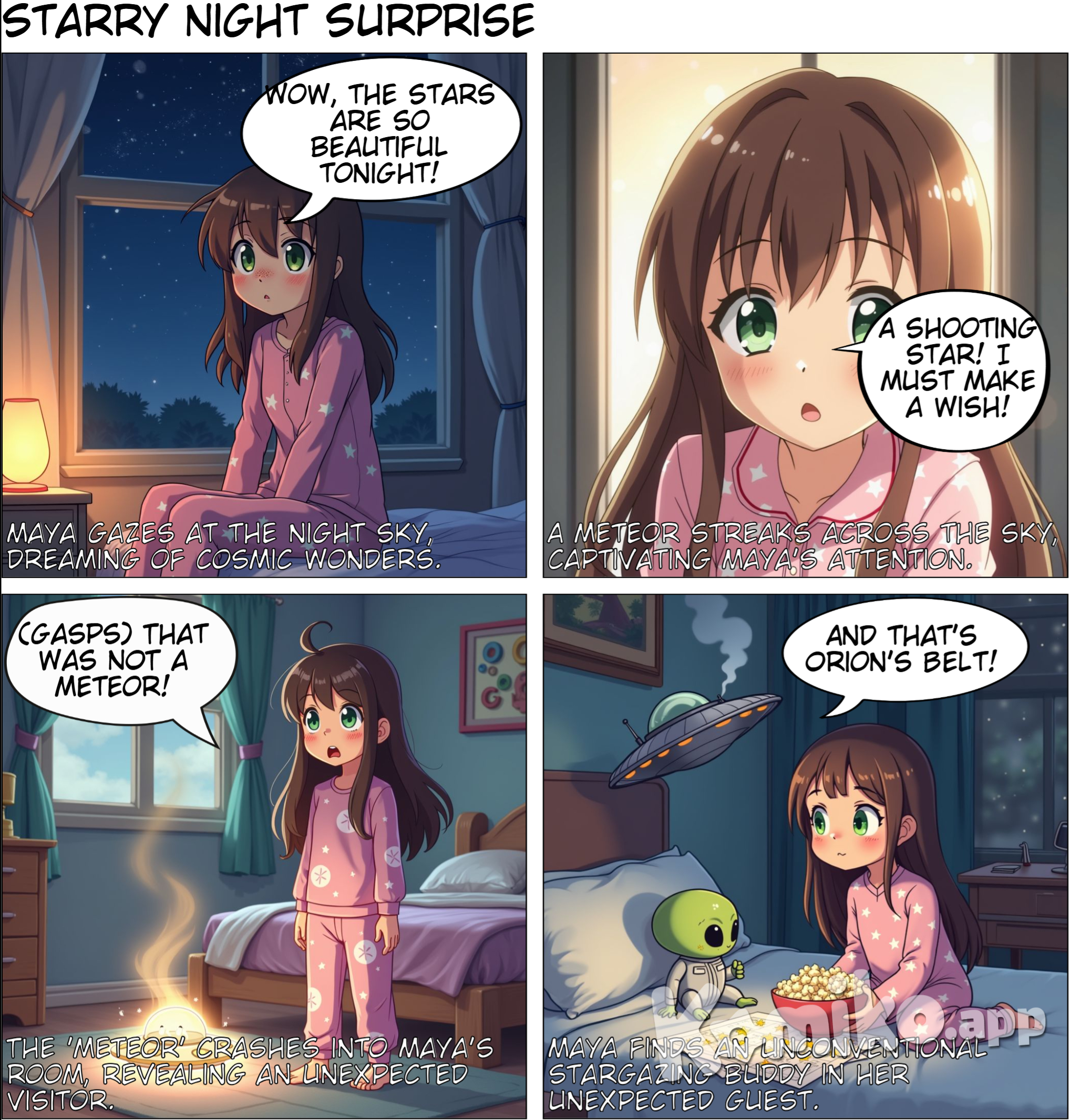 In a small town nestled in the countryside, there lived a young girl named Maya. Maya loved the night sky. Every evening, she would sit by her window, gazing at the stars and dreaming of the mysteries they held. One night, as she watched, she saw a streak of light flash across the sky. It was a meteor, and it left her in awe.