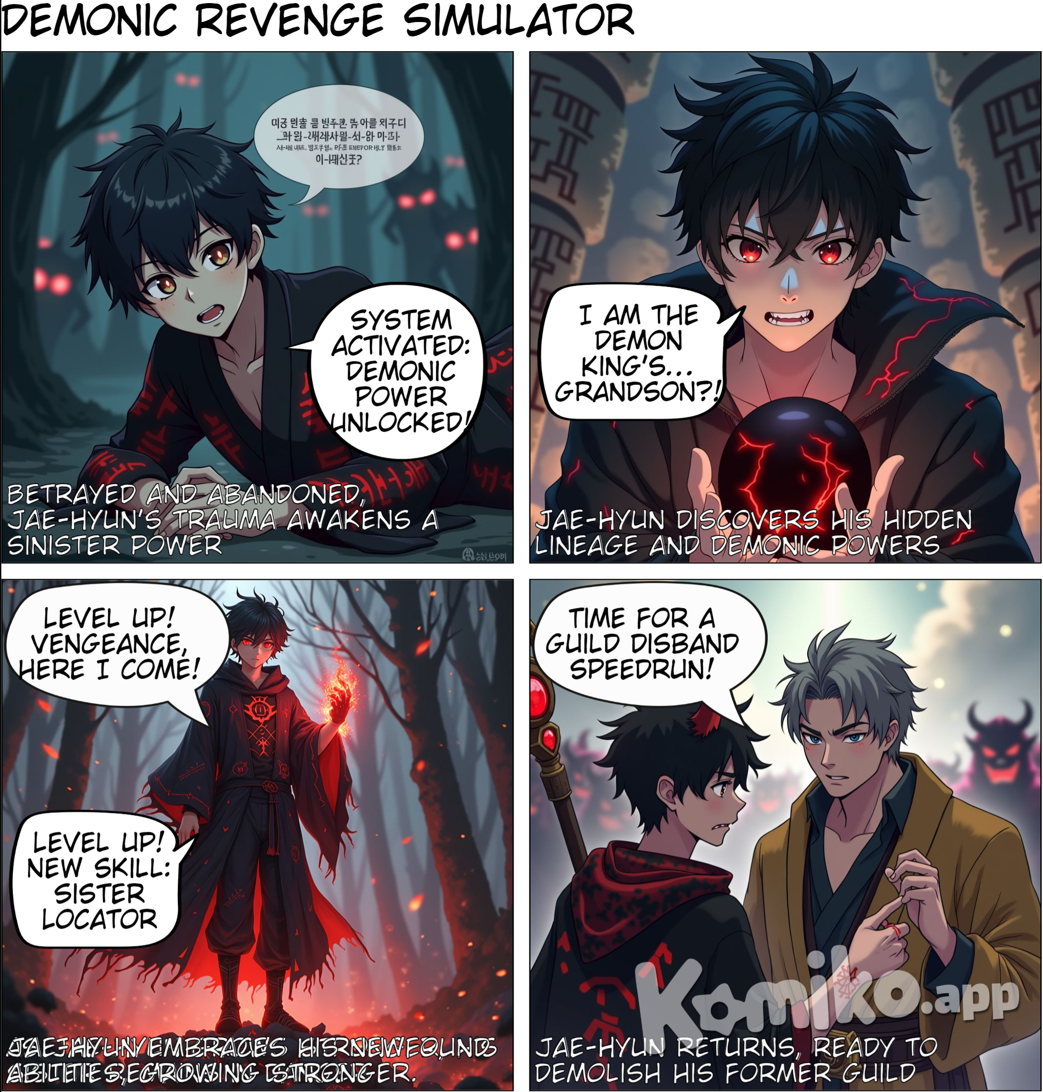 The protagonist, Jae-Hyun, is betrayed by his guild family, drugged, and abandoned in a dangerous monster-filled zone. This trauma triggers a unique game-like system connected to demonic powers, giving him the means to survive, grow stronger, and seek revenge. Along the way, he discovers a powerful demonic artifact tied to his lineage, gains new allies—including humans and tamed demonic creatures—and decides to reclaim what he lost, particularly the connection with his younger sister. As he grows in power, he faces external threats from guild mercenaries, starts forming a force of his own, and eventually declares his intent to take revenge on his former guild while uncovering a larger connection to the Demon King and his hidden legacy. The world around him is full of guilds, monsters, and secrets, and Jae-Hyun’s journey takes him from a powerless outcast to a powerful, demonic hero.