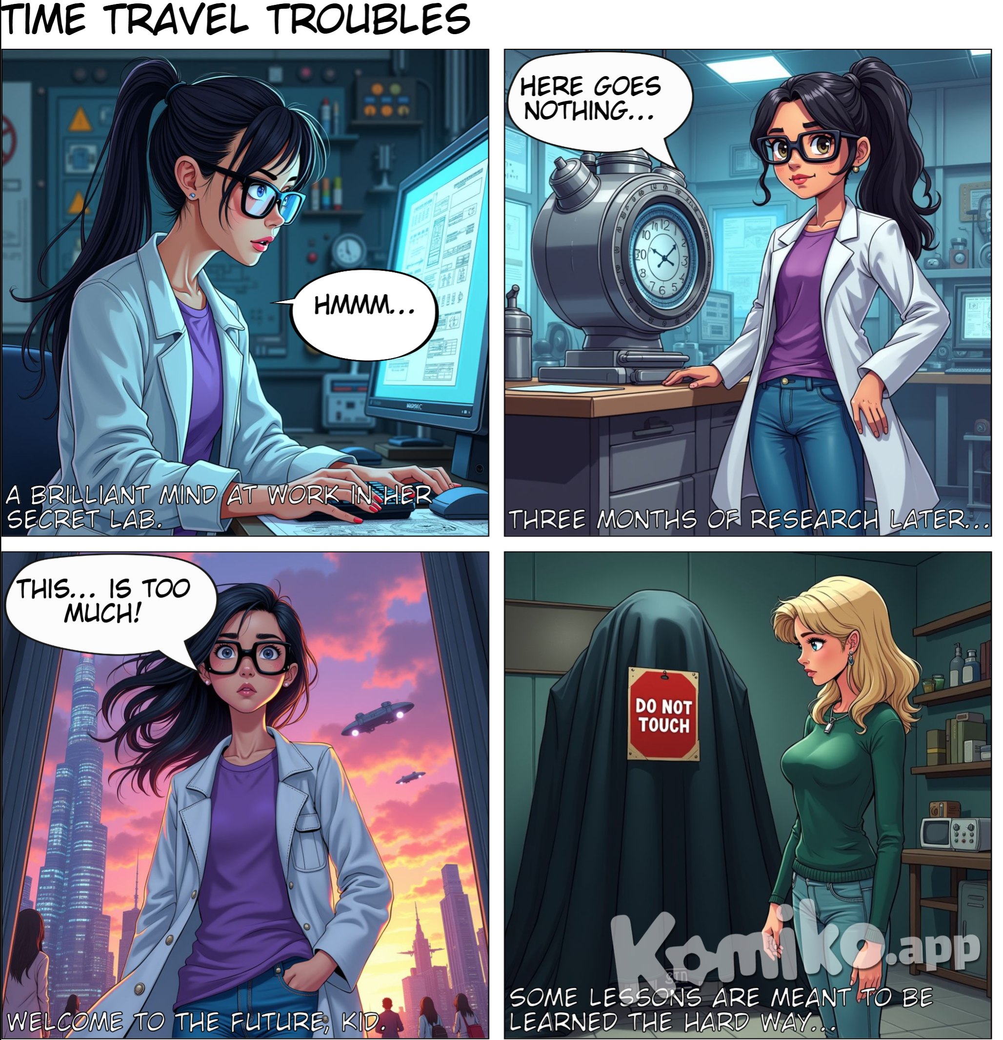 Show a teenage girl with dark hair and glasses in a high-tech lab, surrounded by blueprints, gears, and wires. She’s looking intently at a computer screen, "hummm..."  panel 2: she continues to work and with a determined expression, a caption reads: "Three months of research later..."  Panel 3: The time machine, complete with flashing lights and a futuristic design, stands ready. The girl is in front of it, looking both proud and nervous, thinking, "Here goes nothing..."  Panel 3: She steps out into a futuristic city, with towering buildings, flying cars, and people dressed in advanced tech clothing. Her eyes widen in awe and a bit of fear.   Panel 4: She is still very shocked and scared and whispers, "This… is too much!"  Panel 5: She rushes back into the time machine and presses a big red button labeled “Return”.  Panel 6:  Back in her lab, she reappears, looking relieved. She throws a blanket over the machine and tapes a sign to it that reads: “Do not touch”.  Panel 7: Three years later… A new teenage girl with blonde hair, wearing a curious expression, stands in front of the covered time machine. She’s lifting the blanket, about to uncover it, as the original girl’s sign peeks out.