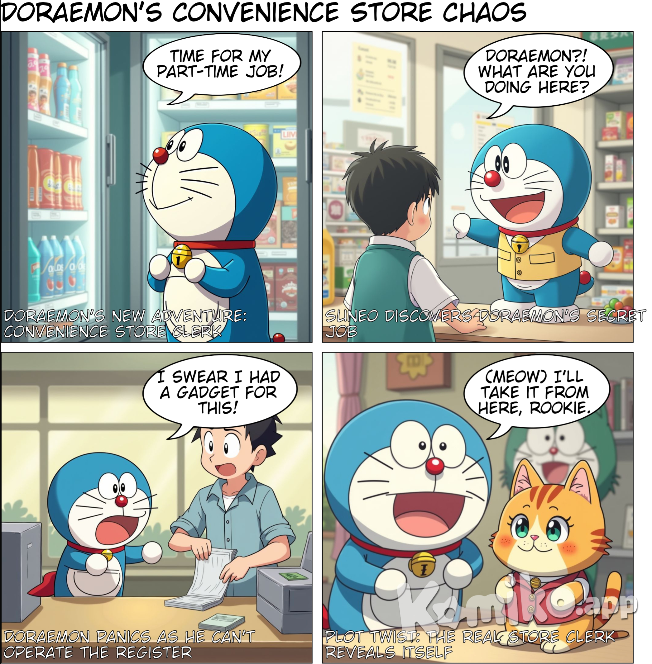 Doraemon and the pets at the convenience store, Doreamon chats with Suneo