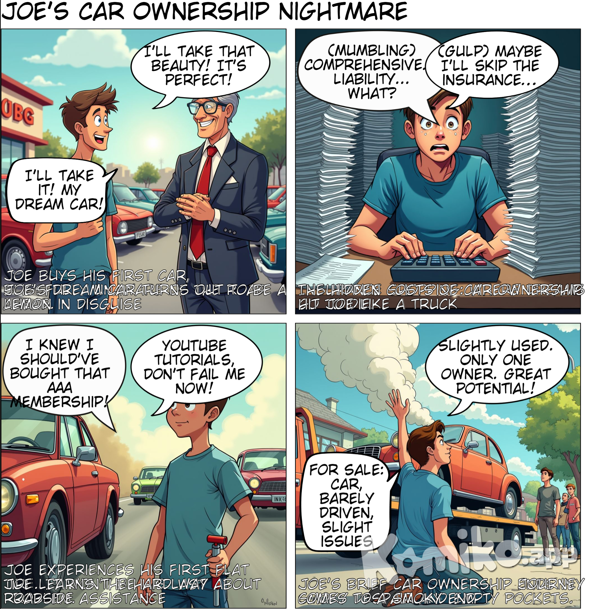 Joe is shopping for his first car. After he buys the car, he needs to shop for insurance. Then his car gets a flat tire. And then he has engine failure. Sadly he has to sell his car. 