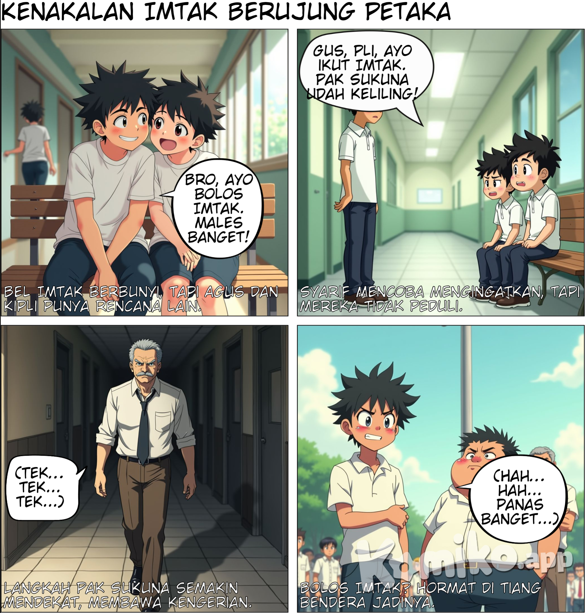 ---  Title: Brandal Imtak  Panel 1: (Image: The condition of the classroom is busy with students preparing to take part in the morning Imtak. Several students are seen talking and moving outside the classroom.)  Text (sound effect): "Kriiingg!" Text (narration): "The Imtak bell rang, indicating that all students must gather immediately."   ---  Panel 2: (Image: Agus and Kipli sitting on a bench, apparently whispering about something. They don't seem interested in following Imtak.)  Agus (whispering to Kipli): "Please, let's skip class. What are you doing, Imtak? I'm really lazy." Kipli (enthusiastic, replying to Agus): "Gazzz! Agreed!"   ---  Panel 3: (Image: Syarif approaches Agus and Kipli with a serious face. In the background, several students are preparing to go to the hall.)  Syarif (reminding them): "Gus, Pli, come on, come with Imtak. Mr. Sukuna has already started traveling around." Kipli (sighs, lazily): "That's really bad, bro." Agus (grinning, dismissively): "Halah, it's just Mr. Sukuna. Very scared."   ---  Panel 4: (Image: Mr. Sukuna is seen from afar, his footsteps are heard approaching the class. His face is serious and looks ready to take action against students who play truant.)  Text (sound effect): "Tek... tek... tek..." Text (narration): "Mr. Sukuna's steps are getting closer."   ---  Panel 5: (Image: Mr. Sukuna standing in front of the classroom door, with a stern face. Agus and Kipli look panicked and afraid.)  Mr. Sukuna (reprimanding in a deep voice): "Come on... you're skipping Imtak, aren't you? Do you think it's polite to be like this in front of God?" Agus and Kipli (in unison, frightened): "N-rude, sir..."   ---  Panel 6: (Image: Agus and Kipli are serving their sentence, standing respectfully in front of the flagpole. Their faces look annoyed but resigned.)  Text (narration): "Skip Imtak? Result: salute in front of the flagpole."   ---